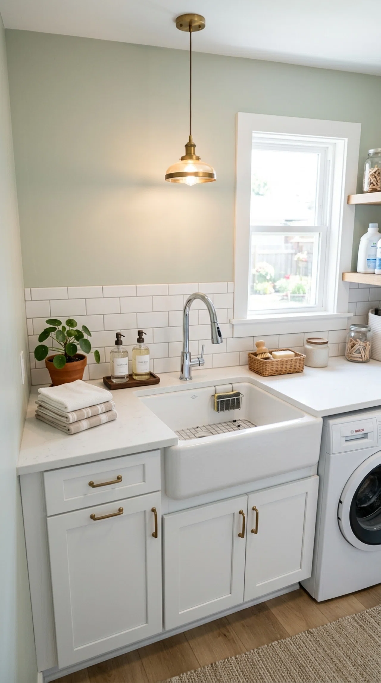 Real-life laundry room utility sink photographed from eye level, a small stylish pendant light hanging directly above the basin casting focused warm light onto the sink area, neatly arranged soap dispensers and folded cloths nearby, clean tile backsplash, bright natural light filling the rest of the room, organized and beautifully arranged countertop, stock photography aesthetic, no people.