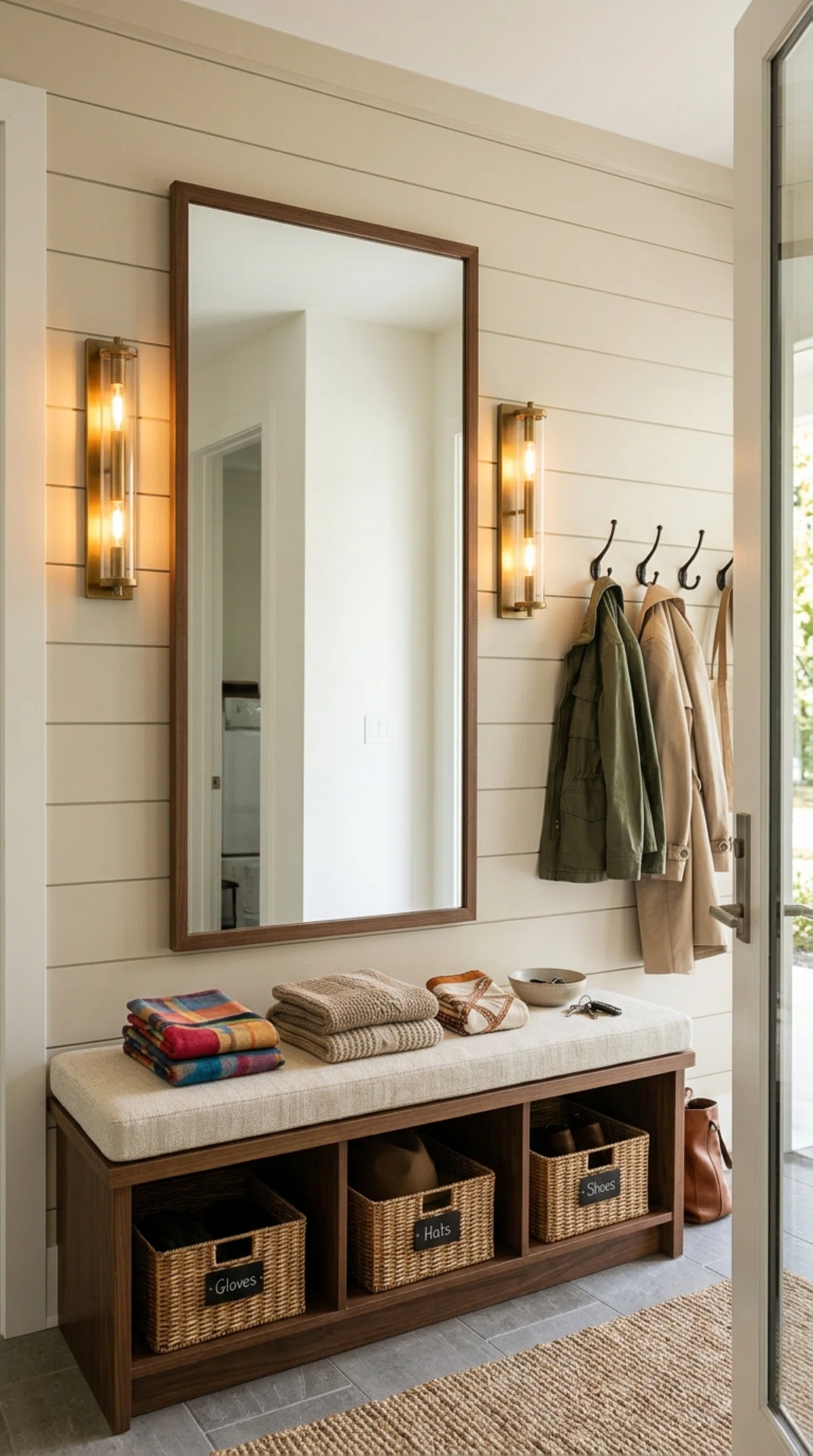 Real-life laundry mudroom mirror photographed straight on, two vertical wall sconces mounted at eye level on either side casting even warm light across the mirror surface, neatly made bench seating below with beautifully arranged folded scarves, clean organized coat hooks, bright natural light entering from a nearby doorway, stock photography style, no people.