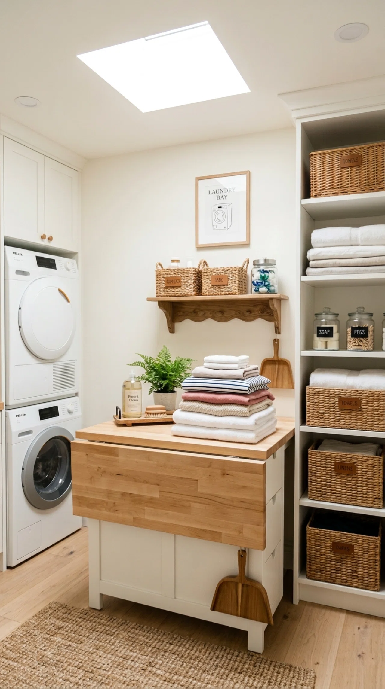 Real-life laundry room photographed with a small skylight or sun tunnel positioned directly above the folding area, soft bright natural light pouring down onto neatly folded laundry stacked on a clean counter, beautifully arranged storage bins, organized shelving in the background, airy fresh atmosphere, stock photography style, no people visible.