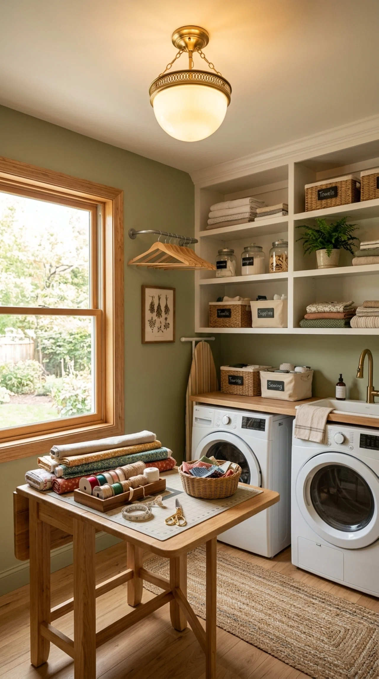Real-life laundry room photographed with a dimmable ceiling light fixture glowing warmly overhead, soft ambient light filling the space, a neatly made folding table with beautifully arranged fabric and ribbons for a small craft project, clean organized shelving in the background, bright natural light also entering from a window, cozy stock photography style, no people.