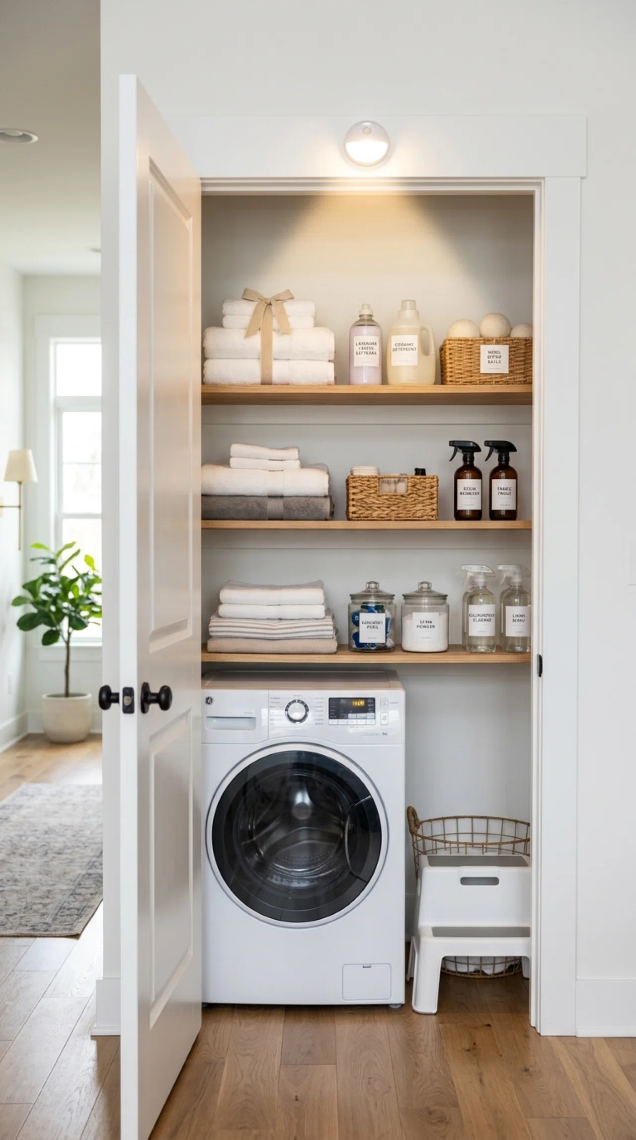 Real-life laundry closet interior photographed with the door open, a small motion-sensor light mounted at the top of the frame casting a bright downward glow onto neatly organized shelves, beautifully arranged bottles and folded towels, clean white interior, bright natural light spilling in from the room beyond, stock photography style, no people.
