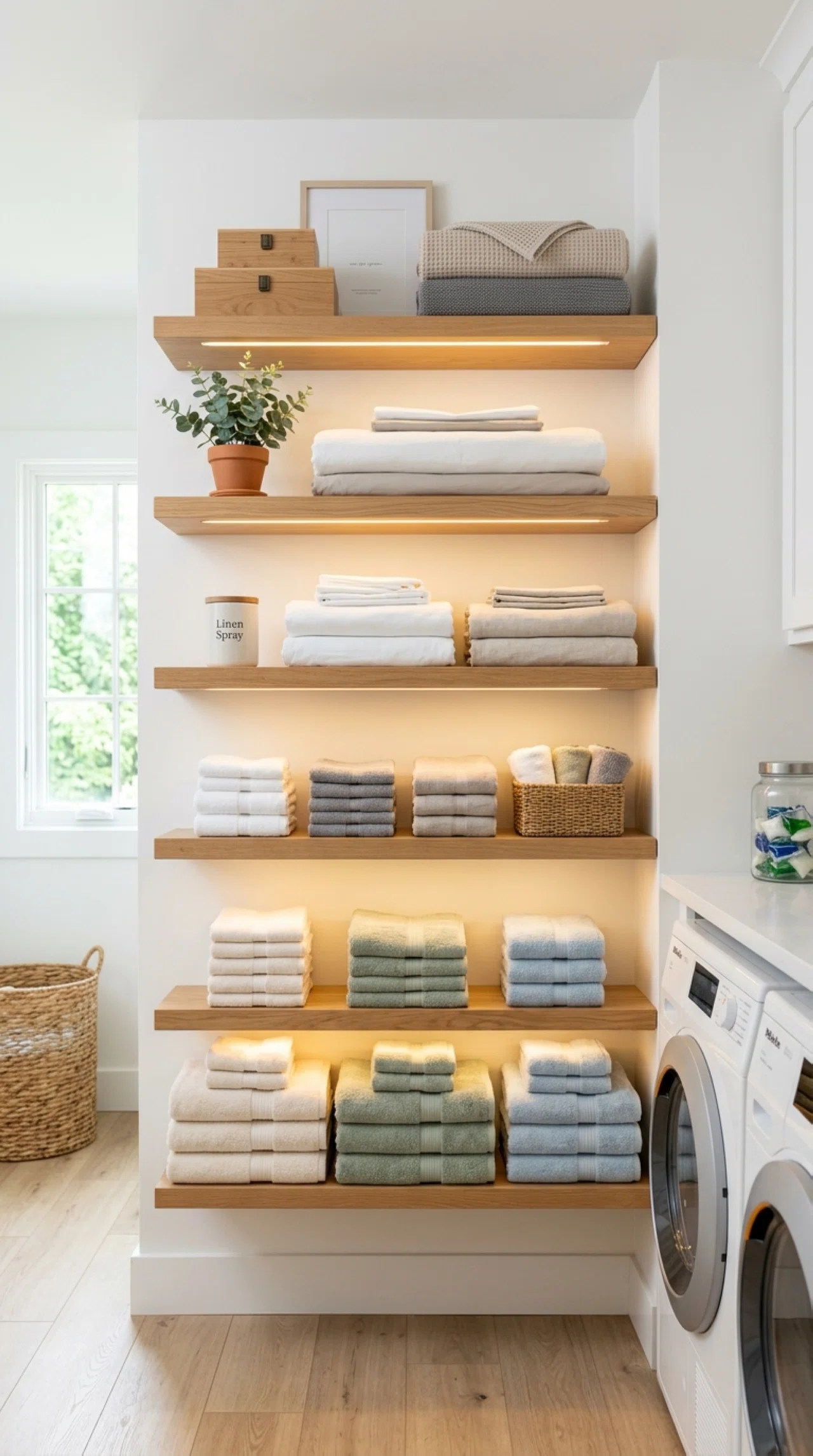 Real-life open shelving in a laundry room photographed straight on, slim LED strip lighting tucked beneath each shelf casting a warm glow onto neatly folded towels and linens, beautifully arranged stacks in soft coordinating colors, clean wood shelving, bright natural light filling the room, organized and styled like a home magazine feature, stock photography style, no people.