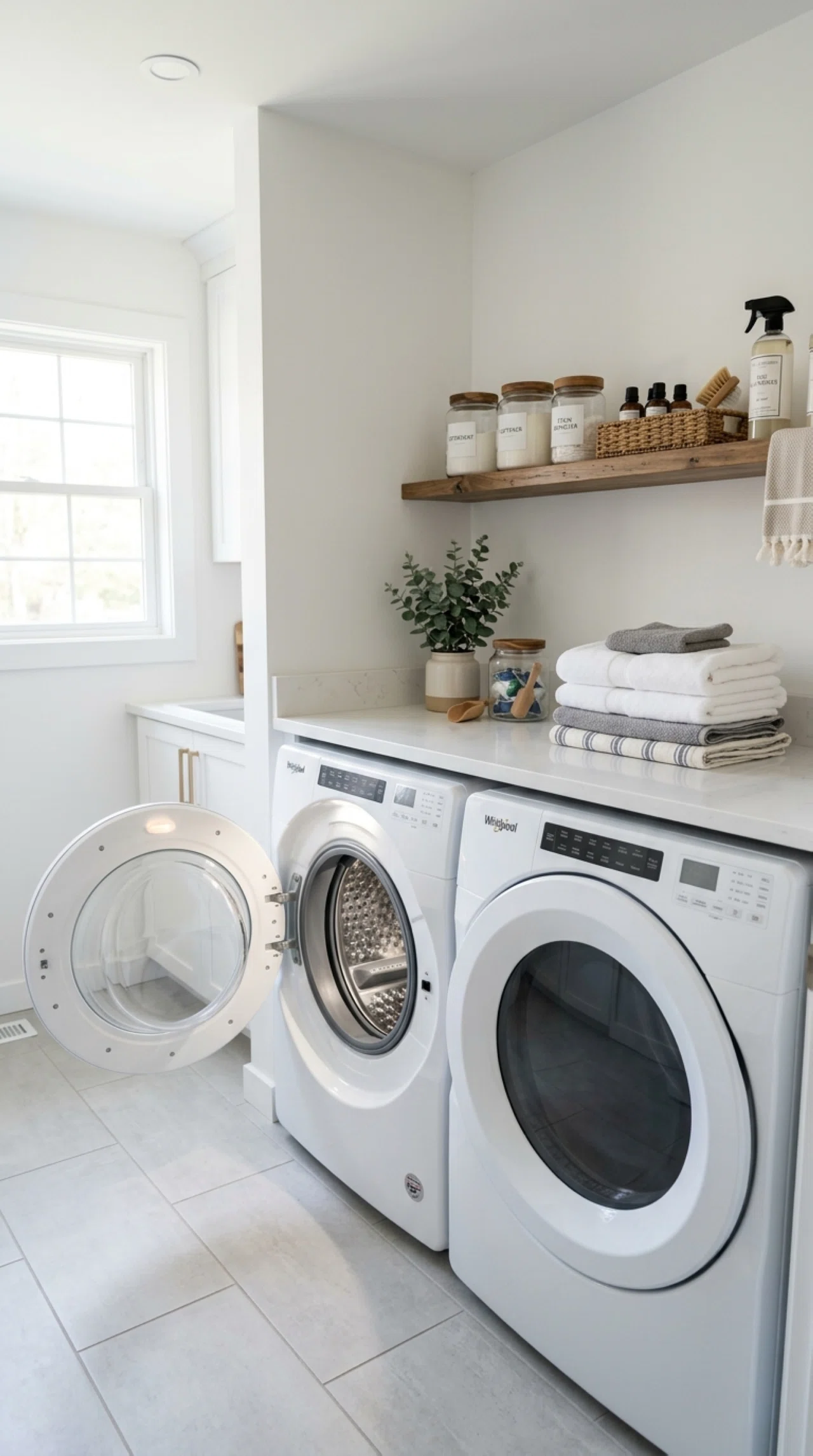 Real-life photo of a washer and dryer set, a small recessed ceiling light positioned directly above casting focused bright light down onto the open washer door, neatly folded laundry stacked beside the machines, clean tile flooring, beautifully arranged laundry supplies on a nearby shelf, bright natural light softly filling the rest of the room, stock photography style, no people.