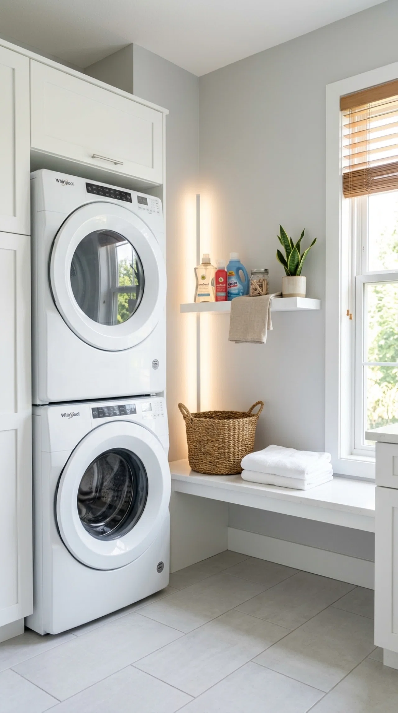 Real-life laundry room corner photographed at a slight angle, a slim LED uplight tucked beside the washer and dryer casting soft light upward along the wall, clean tidy flooring with no clutter, neatly arranged cleaning supplies nearby, bright natural light entering from a window, organized and fresh atmosphere, stock photography style, no people.
