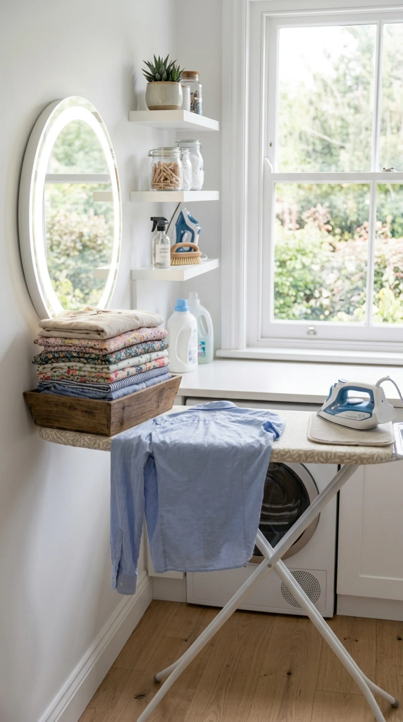 Real-life laundry room ironing station photographed from the side, a small lighted mirror mounted on the wall casting bright even light across a neatly set up ironing board, beautifully arranged folded blouses stacked nearby, clean organized surface, bright natural light also entering through a window, stock photography style, no people.