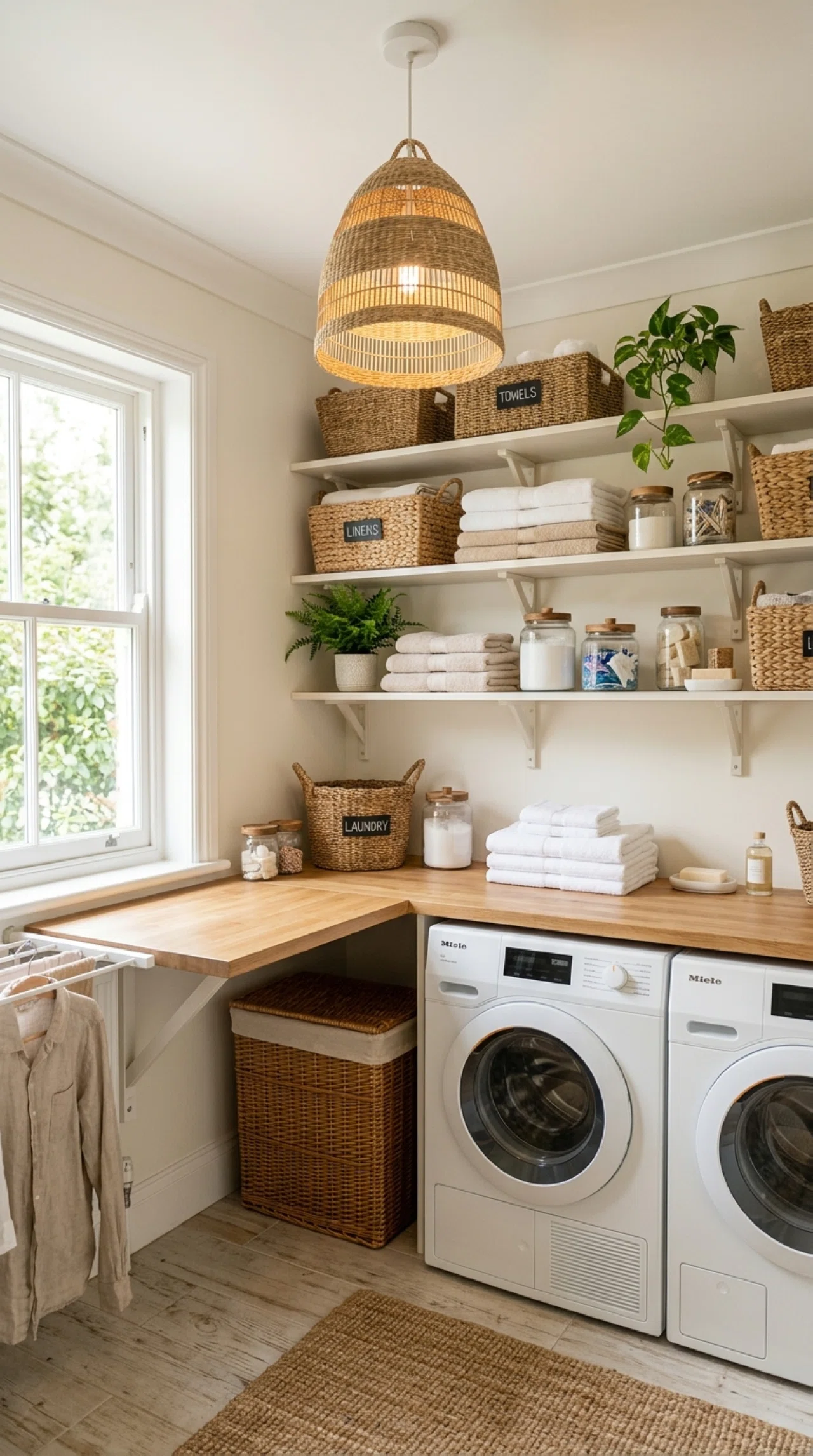Real-life laundry room photographed with a woven rattan pendant light hanging from the ceiling, soft diffused light spreading evenly across neatly organized shelves and a clean folding counter below, beautifully arranged baskets in natural tones, bright natural light entering from a window, warm inviting stock photography style, no people.