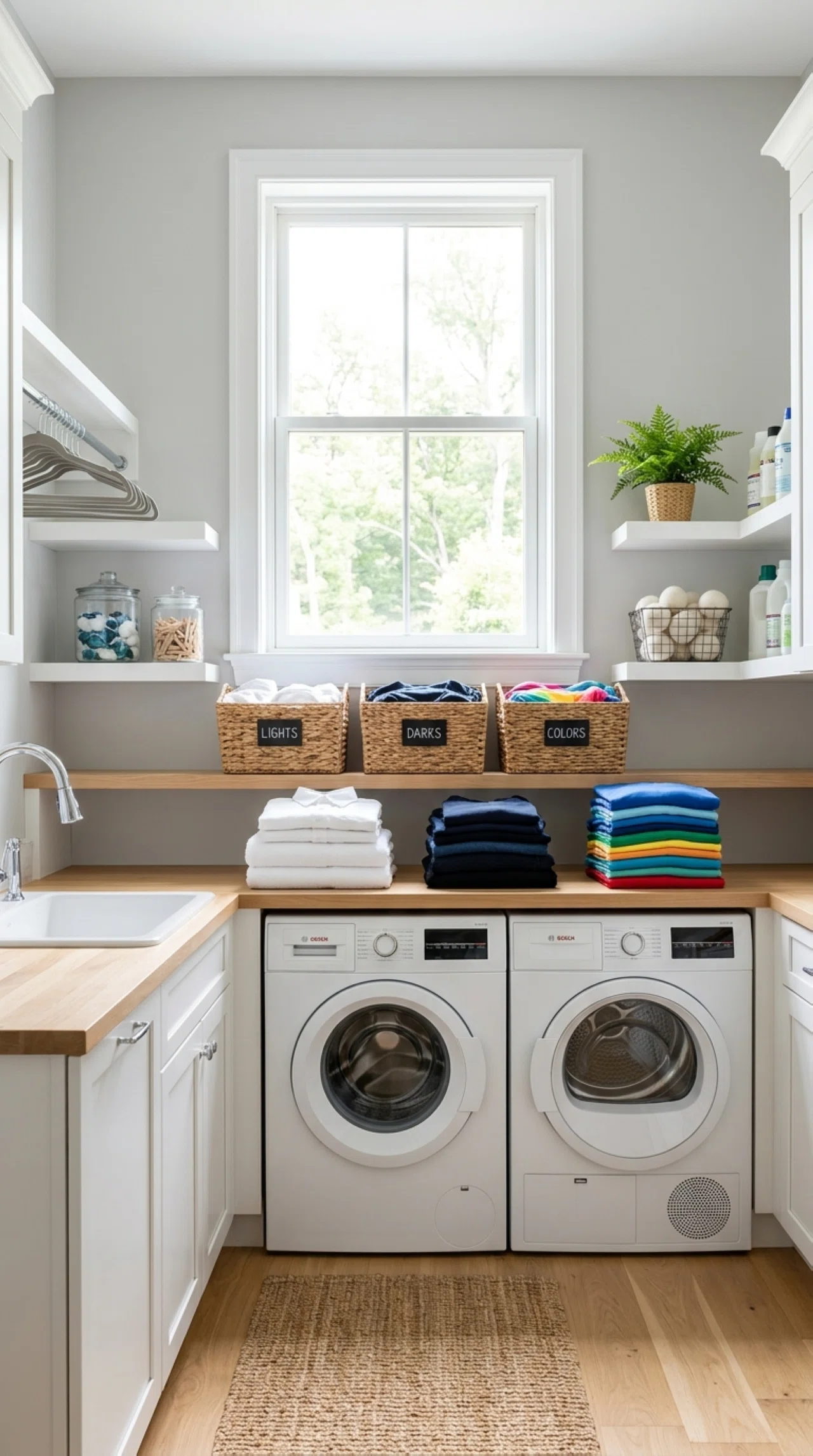 Real-life laundry room photographed with a window positioned directly above neatly organized sorting bins, bright natural light pouring straight down onto beautifully arranged piles of clothing separated by color, clean floor and shelving, fresh airy atmosphere, stock photography style, no people.
