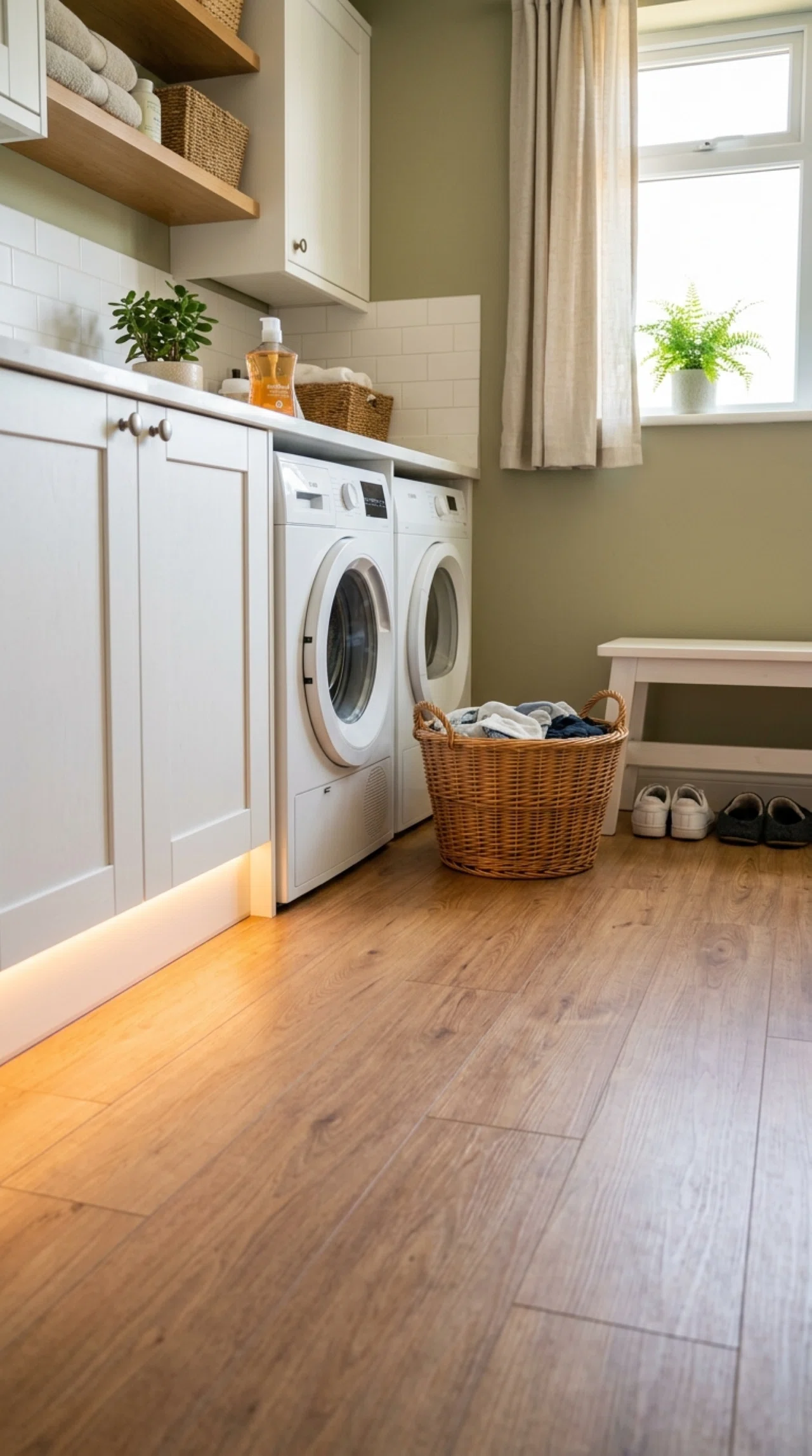Real-life laundry room photographed at floor level, a subtle warm LED strip glowing along the baseboards and toe-kick of the cabinetry, clean tidy floor with no clutter, neatly arranged shoes and a laundry basket nearby, bright natural light filling the upper part of the room, cozy stock photography style, no people.