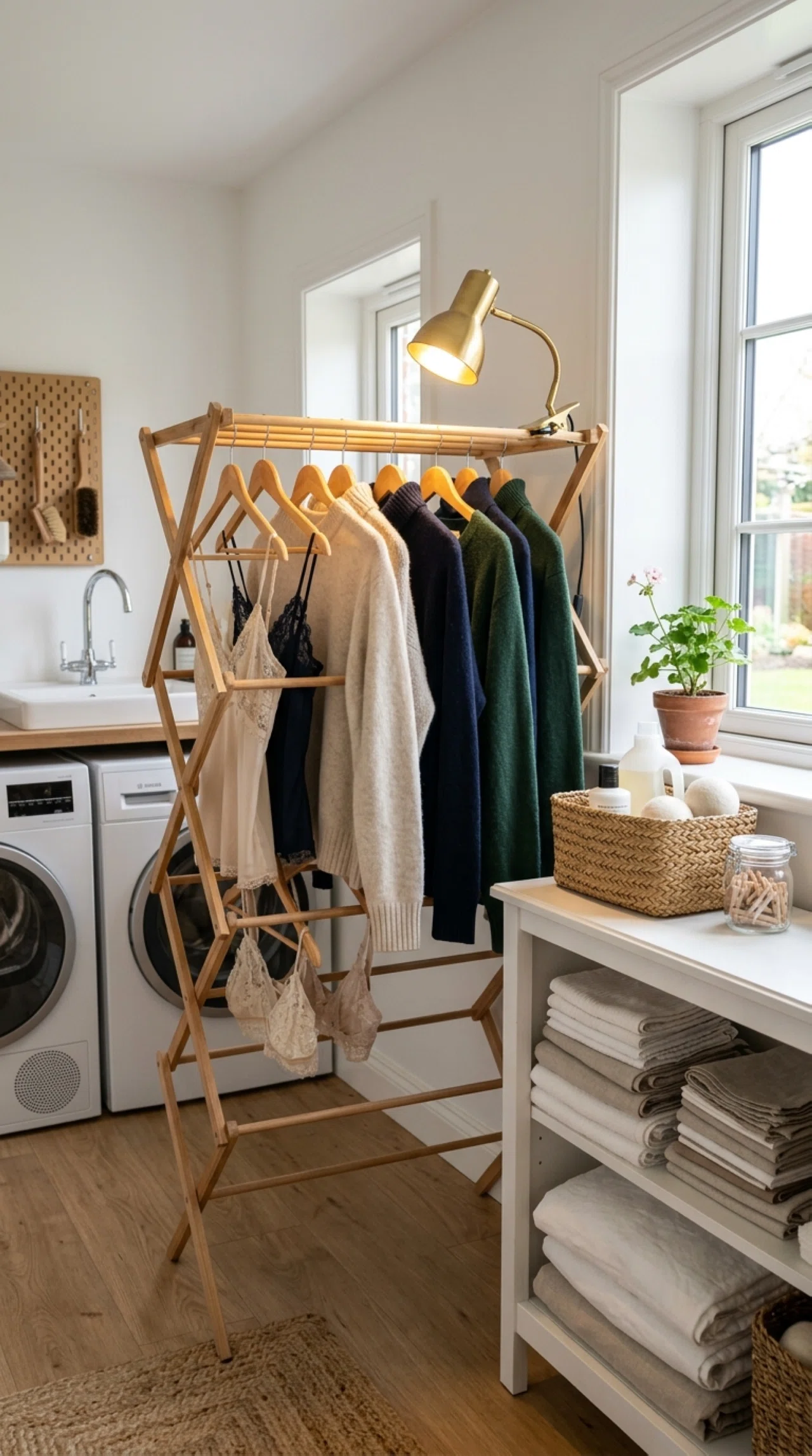 Real-life laundry room photographed with a small clip-on task lamp attached to a wooden drying rack, warm focused light shining across neatly hung sweaters and delicate garments, beautifully arranged folded items on a nearby shelf, clean organized space, bright natural light entering from a window, stock photography style, no people.