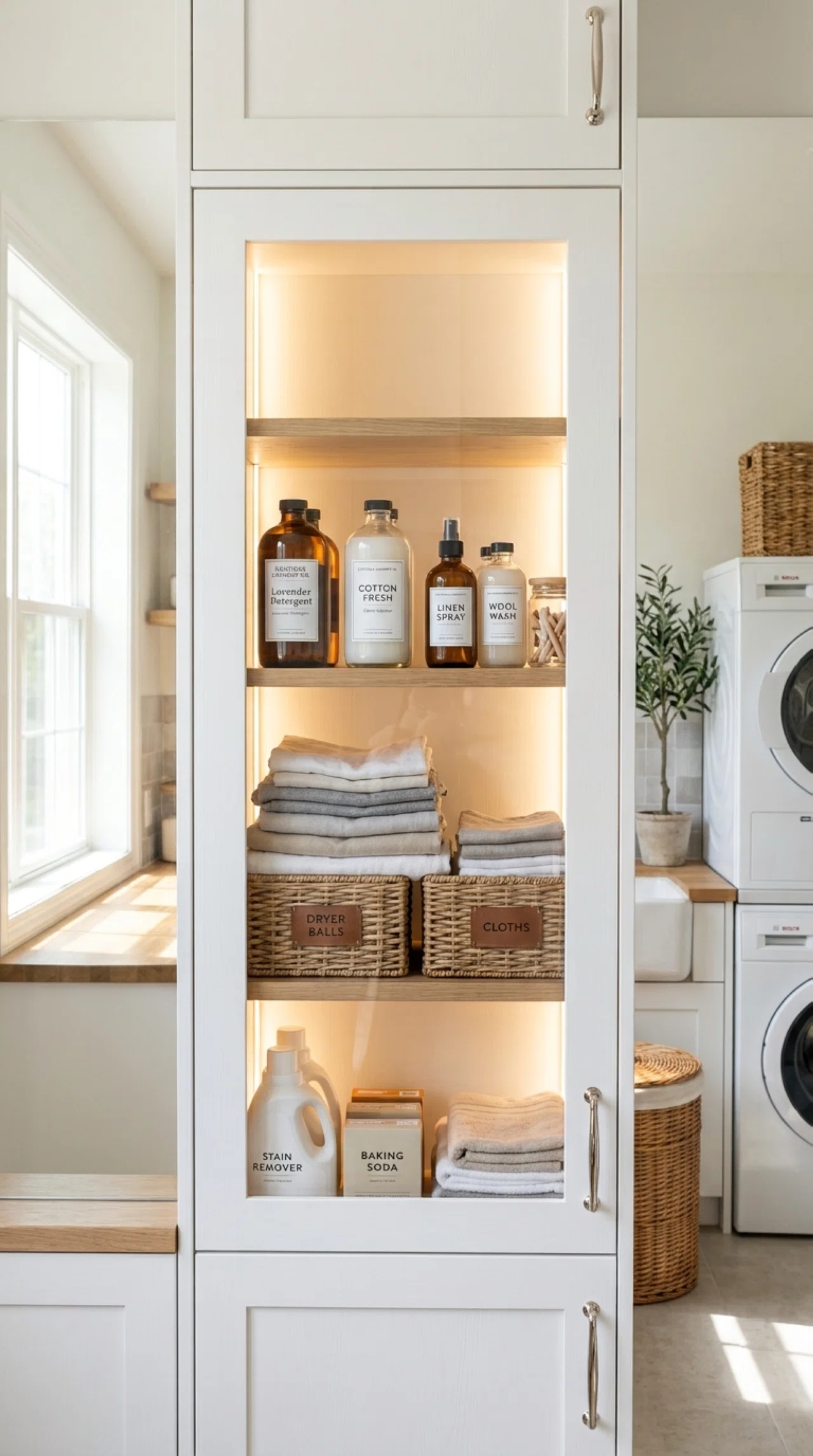 Real-life laundry room glass-front cabinet photographed straight on, a small interior light glowing behind the glass illuminating neatly arranged detergent bottles and folded cloths, clean cabinetry with soft reflections, beautifully arranged labels facing forward, bright natural light filling the room beyond, boutique-style stock photography, no people.
