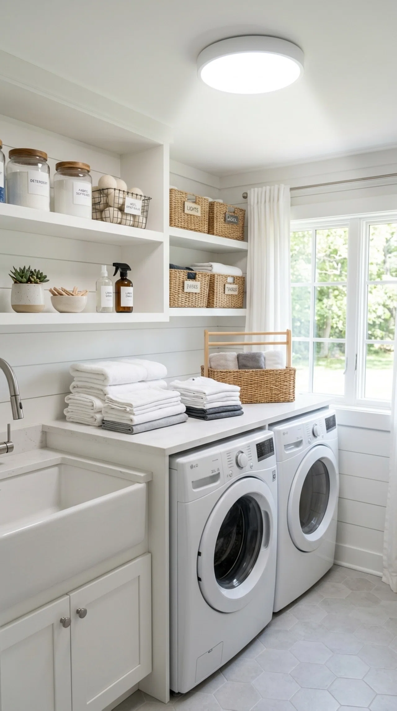 Real-life laundry room photographed with a modern ceiling fixture emitting crisp white light onto a neatly organized folding counter, beautifully arranged laundry supplies nearby, clean bright surfaces, natural light also entering through a window, fresh and functional stock photography style, no people.