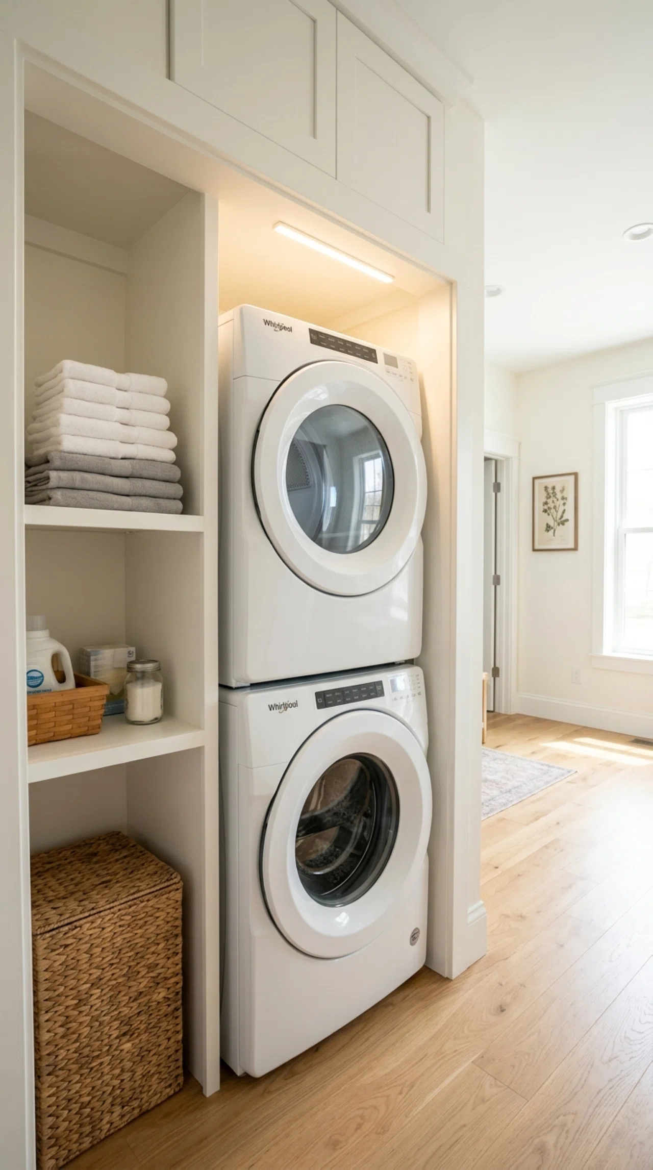 Real-life built-in laundry nook photographed with a small light installed inside above a stacked washer and dryer, soft bright light illuminating the appliance doors and surrounding trim, clean neatly organized nook with folded towels stacked beside it, bright natural light entering from the room beyond, stock photography style, no people.
