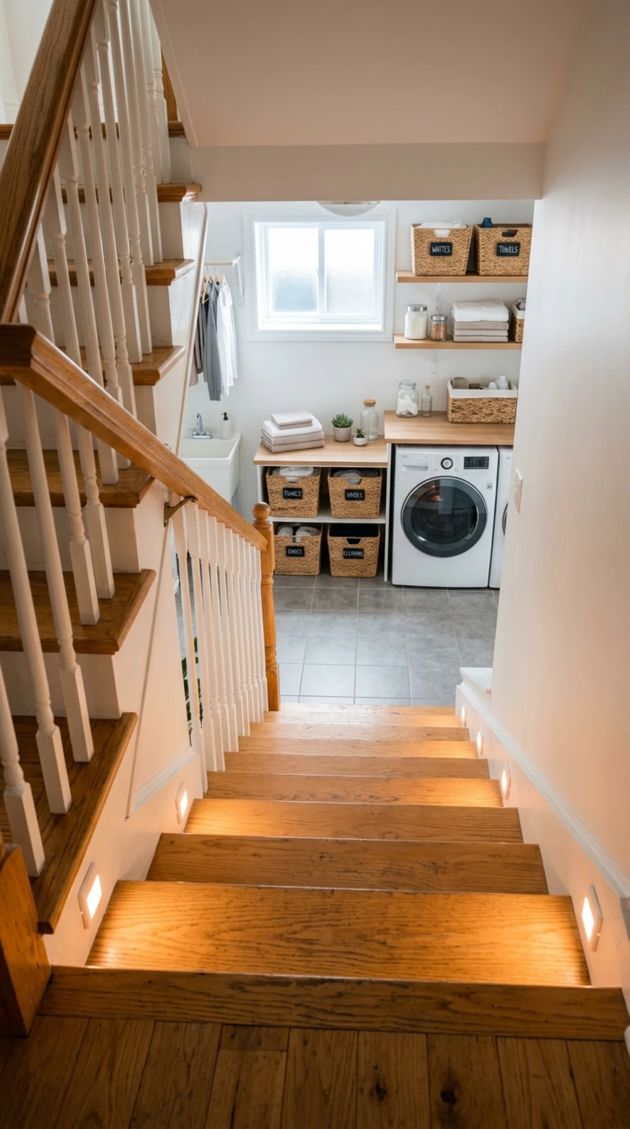Real-life basement staircase photographed from the top, small step lights embedded along each riser casting a soft warm glow onto clean wooden stairs, a neatly organized laundry room visible at the bottom with beautifully arranged baskets, bright natural light entering from a small window below, stock photography style, no people.