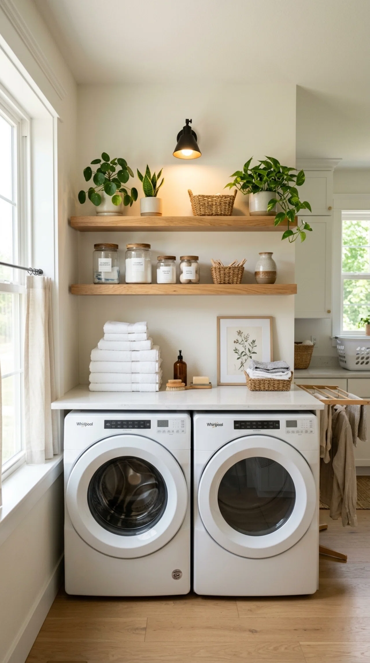 Real-life laundry room photographed with a small accent light angled toward an open shelf above the washer and dryer, warm light highlighting neatly arranged plants and glass jars, clean organized shelf styling, beautifully folded towels stacked on the counter below, bright natural light filling the rest of the room, stock photography style, no people.