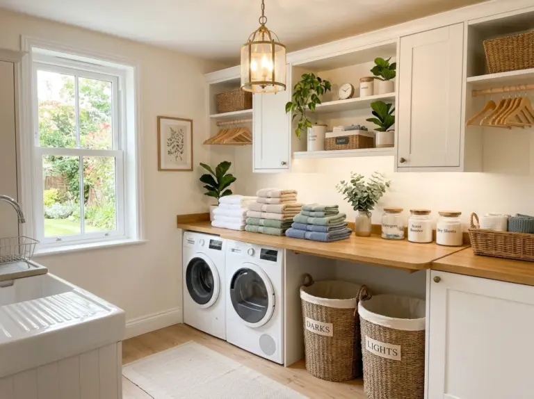 Real-life laundry room photographed at a welcoming wide angle, warm bright natural light pouring in through a nearby window and mixing with a softly glowing pendant light positioned directly above a neatly organized folding counter, beautifully arranged folded towels and linens in coordinating colors stacked on the counter, clean white cabinetry with under-cabinet LED lighting glowing softly along the shelves, organized detergent bottles and woven baskets styled neatly nearby, vibrant fresh color palette, bright and airy atmosphere, Pinterest-style home inspiration photography, no people.