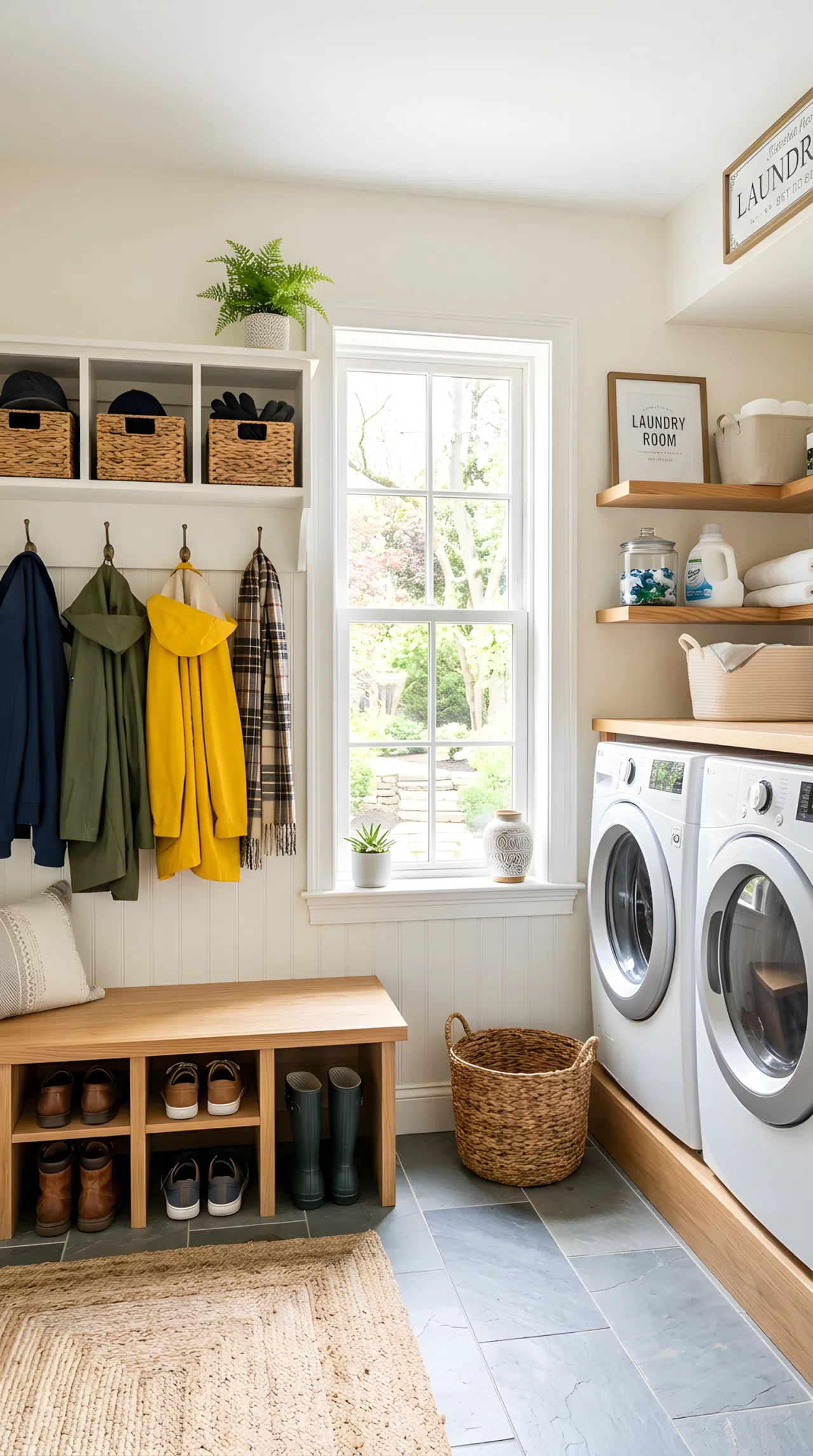 Real-life photo of one room combining a mudroom bench with open boot cubbies on one side and a white washer and dryer on the other side, neatly made with pairs of shoes and boots organized in cubbies, coats hung above, bright natural light streaming through a window between both zones, beautifully arranged, clean and organized, vibrant colors, shot in stock photography style, no illustration.