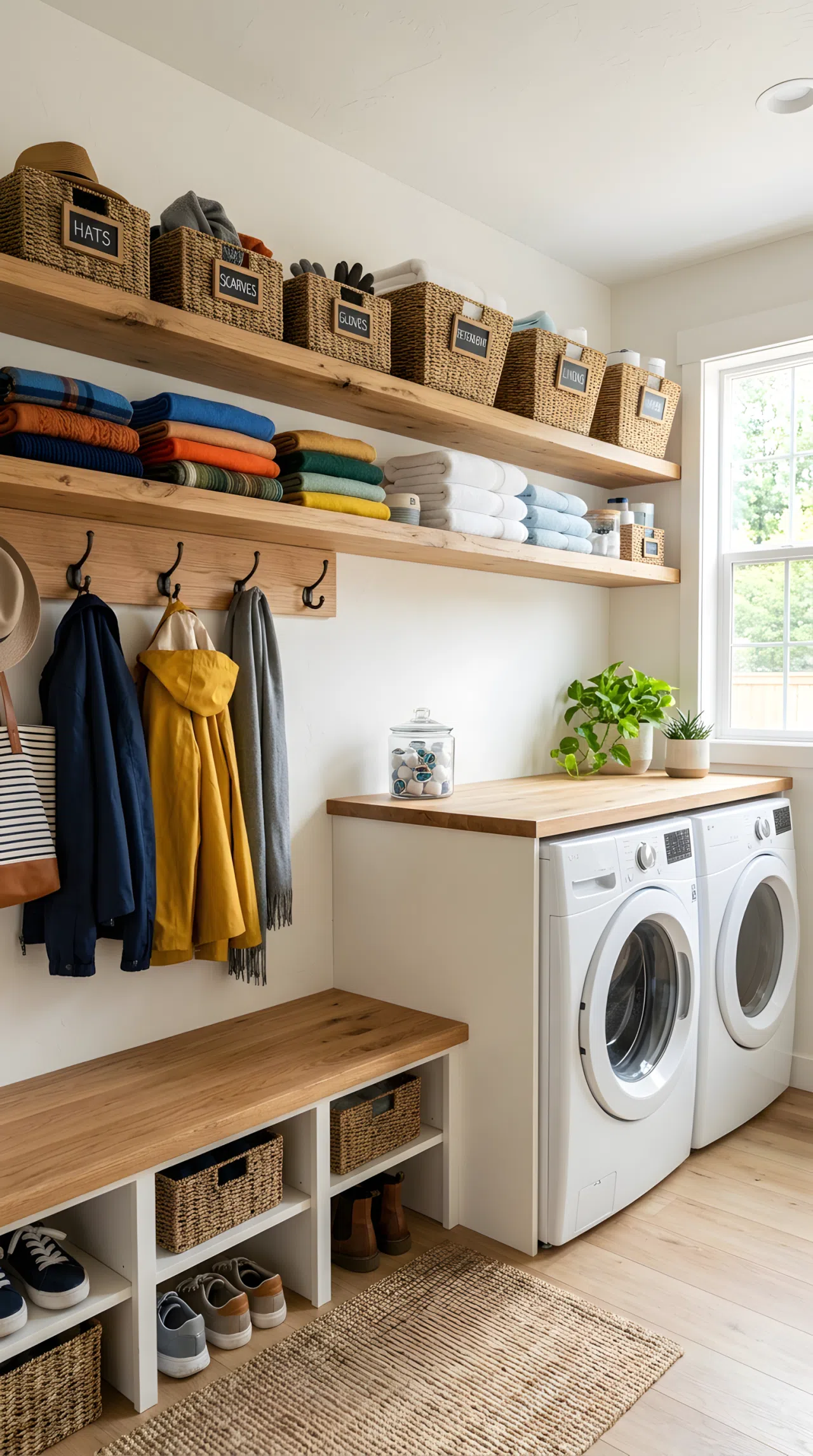 Real-life photo of one continuous wooden open shelf spanning above a washer and dryer on one end and coat hooks with cubbies on the other end, neatly arranged with labeled woven baskets, folded towels, and folded scarves, bright natural light from a window, beautifully arranged, clean and organized, vibrant tones, shot in stock photography style, no illustration.