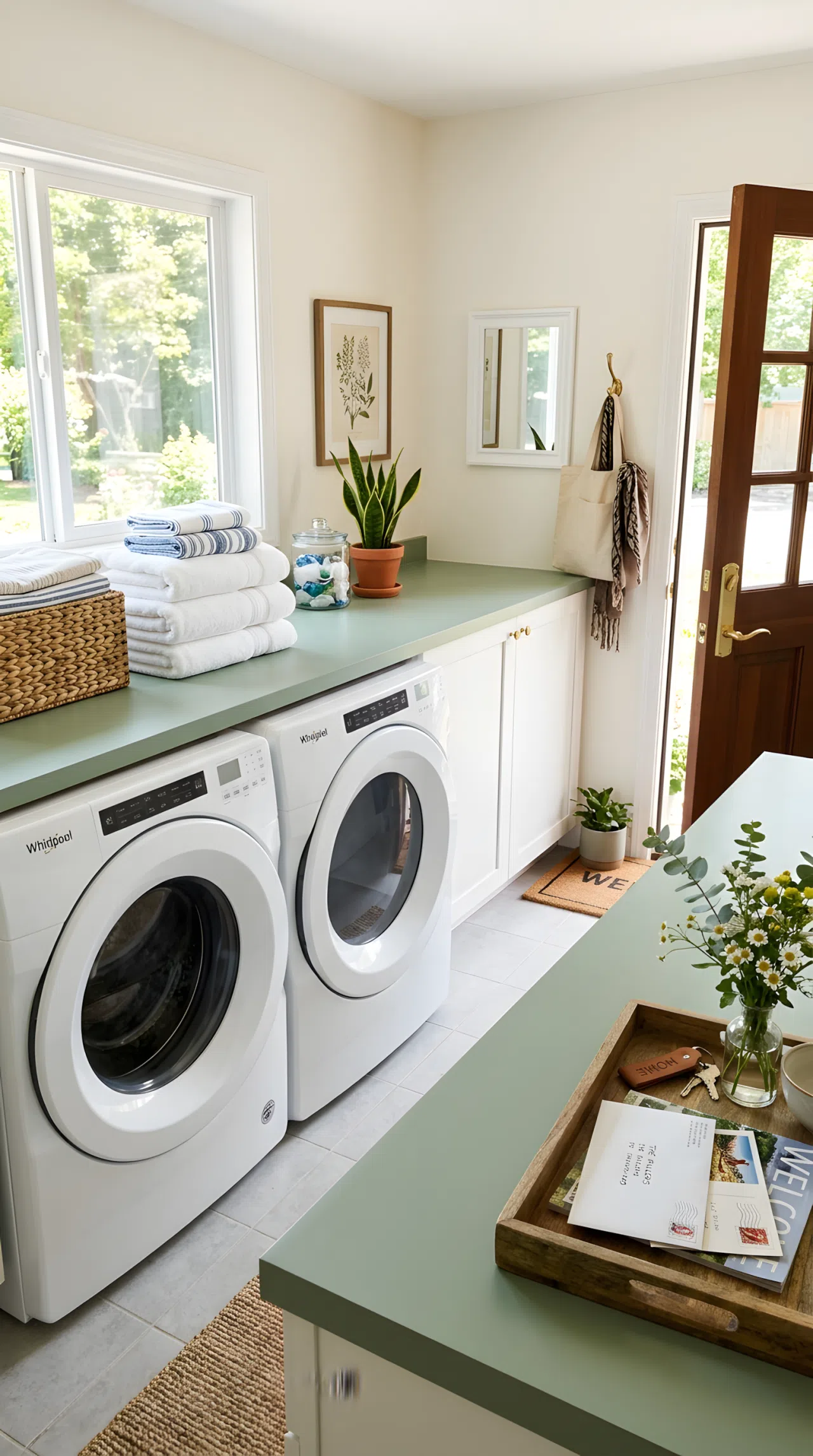 Real-life photo of one room showing a wide countertop beside a washer and dryer, one end holding neatly folded towels and the other end holding a small tray with keys and mail near an entry door, sage green counter surface (RGB 143, 179, 145), bright natural light, beautifully arranged, clean and organized, vibrant colors, shot in stock photography style, no illustration.