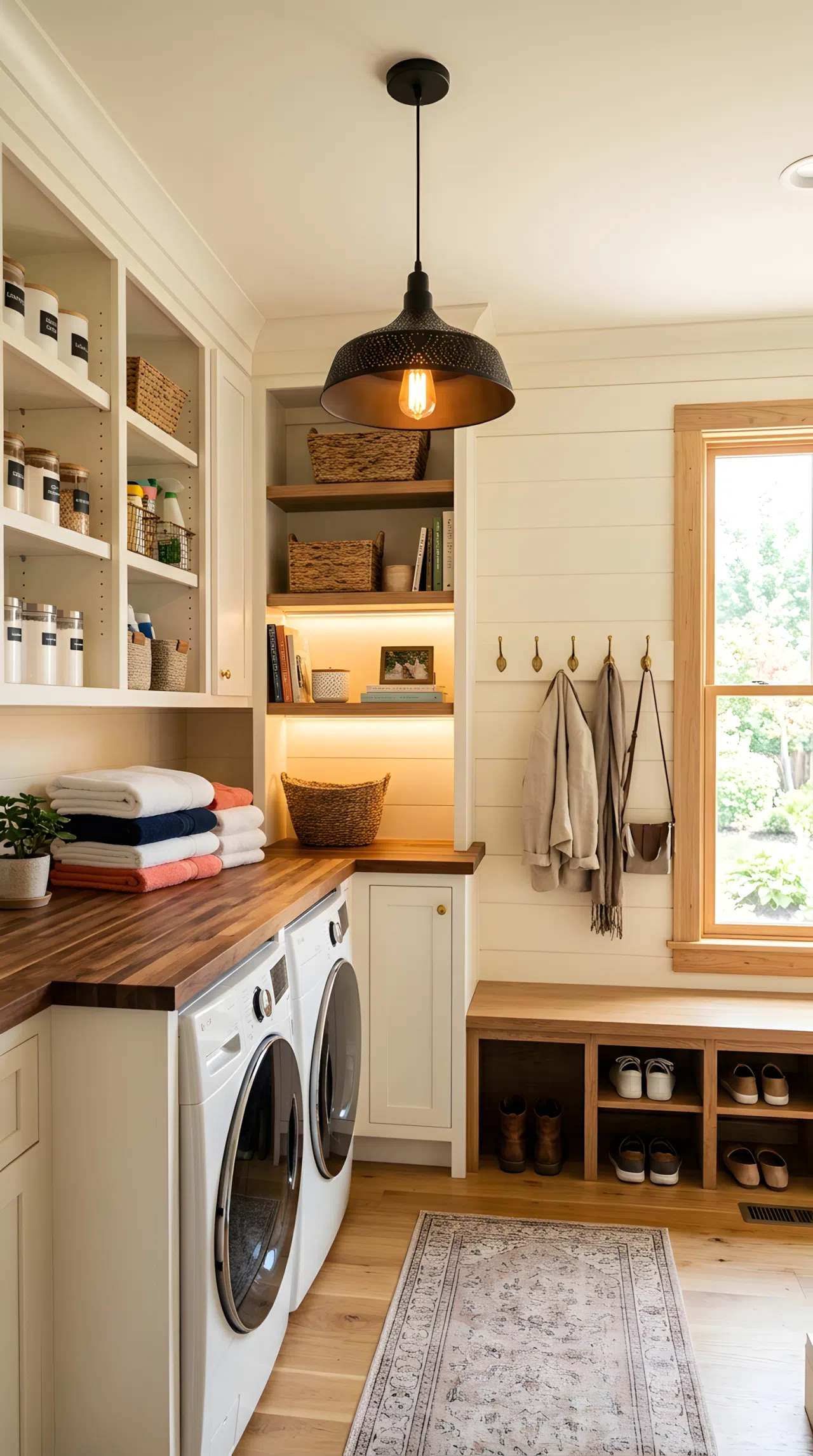 Real-life photo of one room with a pendant light centered between a laundry folding counter and a mudroom boot bench, warm light casting evenly across both neatly folded towels and organized shoes, a second lower light glowing near open shelves between the zones, bright natural light also entering from a window, beautifully arranged, clean and organized, vibrant colors, shot in stock photography style, no illustration.