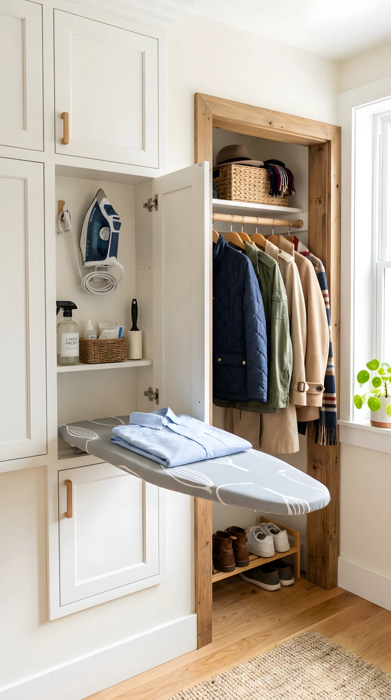 Real-life photo of one room showing a fold-down ironing board built into a cabinet beside an open coat closet with hung jackets, board pulled flat with a neatly folded shirt on top, iron stored inside the cabinet, bright natural light, beautifully arranged, clean and organized, vibrant colors, shot in stock photography style, no illustration.