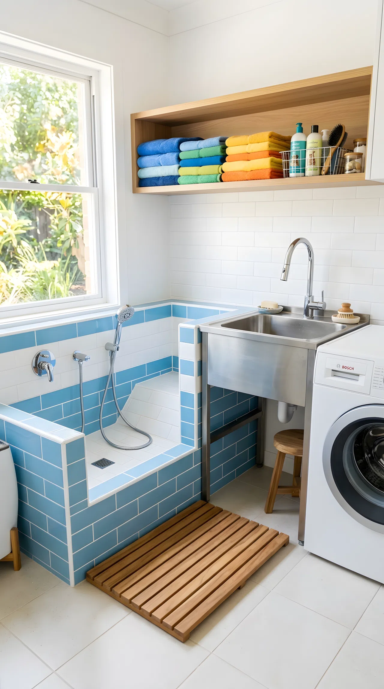 Real-life photo of one room showing a low tiled dog-wash basin with handheld sprayer next to a stainless utility sink and washer, teak slatted mat on the floor, folded dog towels stacked neatly on an open shelf above, bright natural light from a window, beautifully arranged, clean and organized, vibrant colors, shot in stock photography style, no illustration.