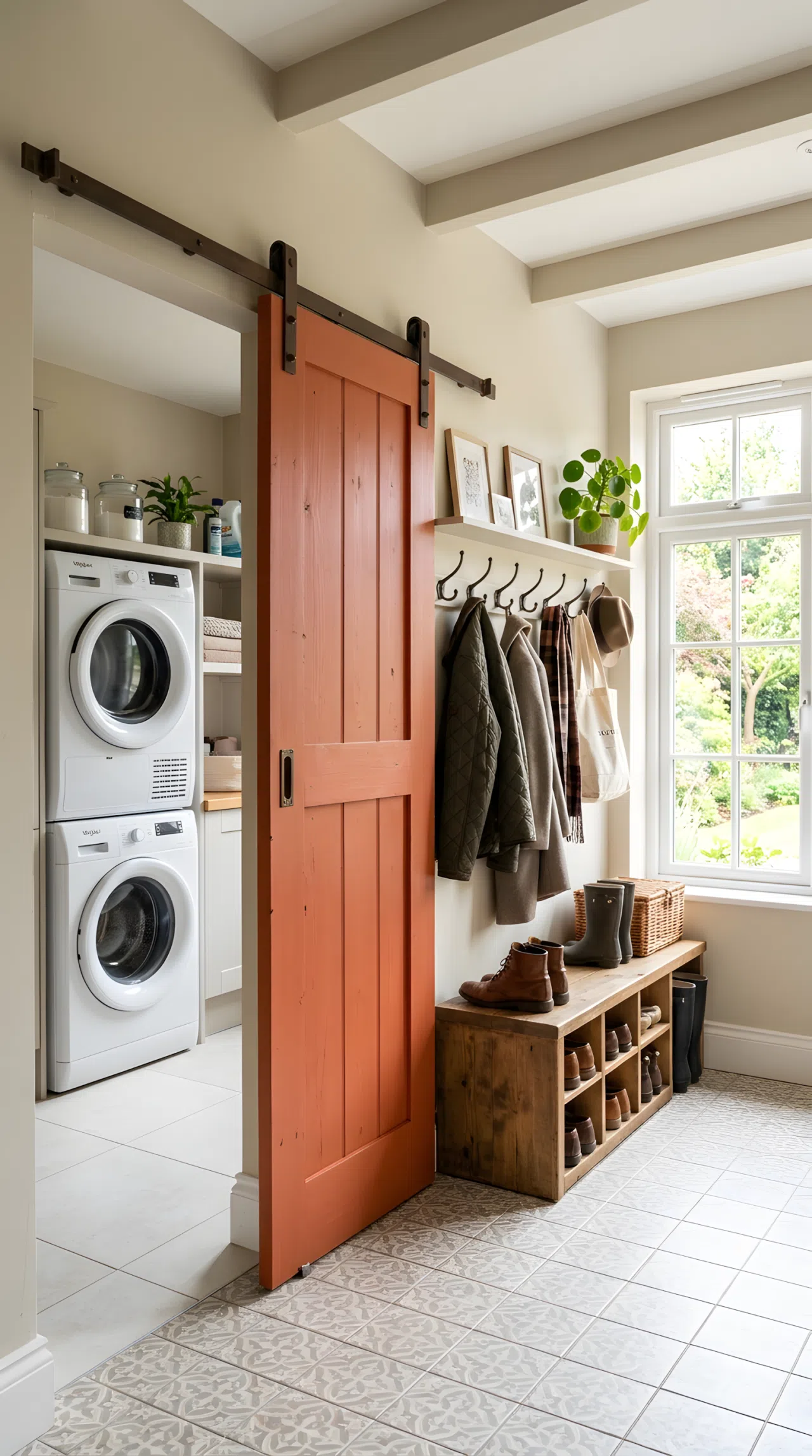 Real-life photo of one room with a sliding barn door in terracotta (RGB 204, 108, 76) partially open, revealing a washer and dryer on one side and a boot bench with coat hooks on the other, neatly arranged, bright natural light streaming through a window, beautifully arranged, clean and organized, vibrant colors, shot in stock photography style, no illustration.
