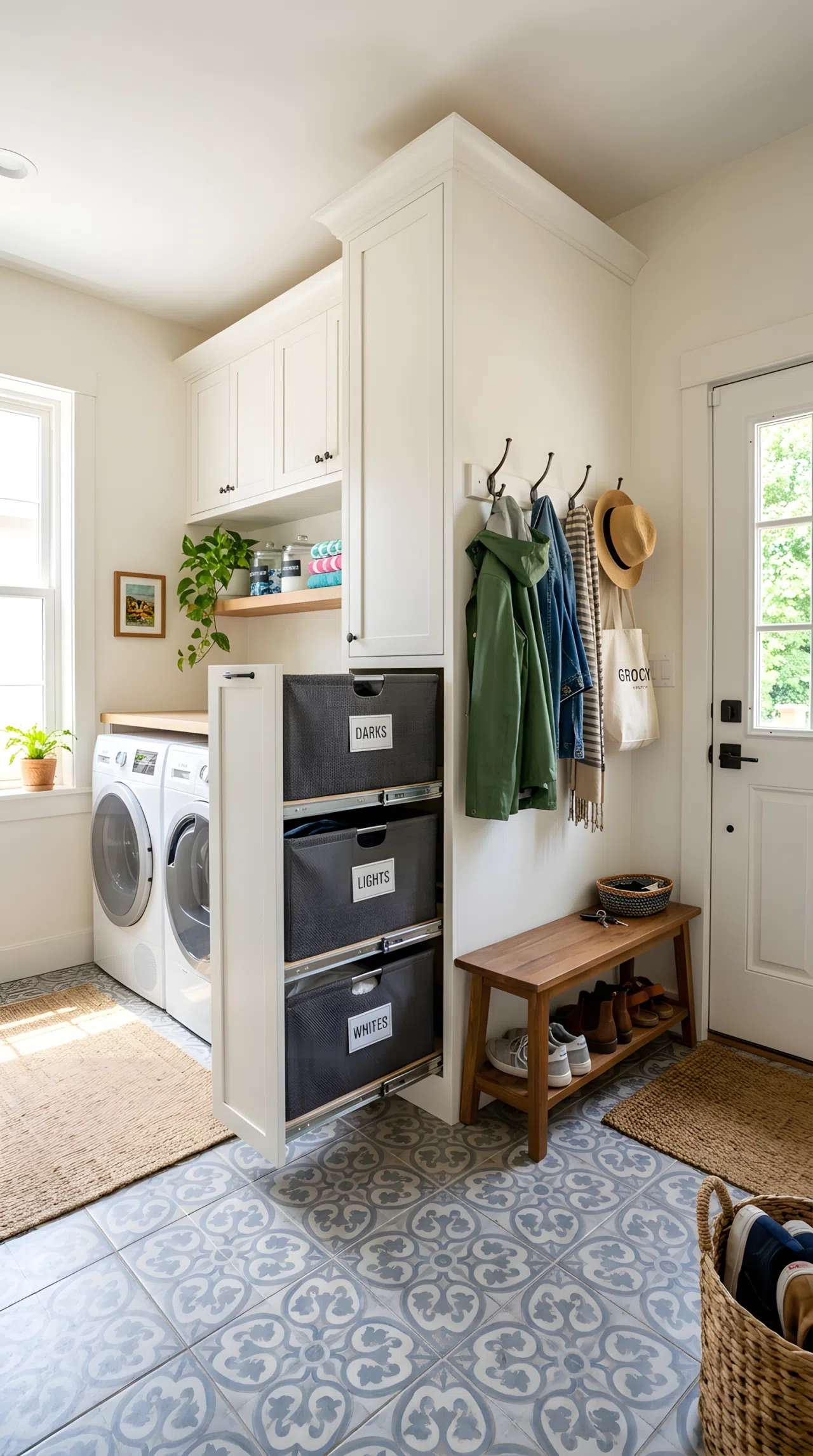 Real-life photo of one room showing a triple pull-out hamper cabinet with labeled bins near an entry door, coat hooks and shoes visible beside it, washer and dryer a few steps away, bright natural light from a window, beautifully arranged, clean and organized, vibrant colors, shot in stock photography style, no illustration.