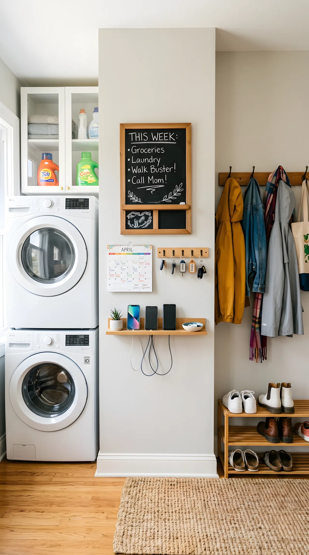 Real-life photo of one room showing a wall-mounted chalkboard, small calendar, and key hooks positioned between a washer and dryer on one side and coat hooks with shoes on the other, a small charging shelf holding phones, bright natural light, beautifully arranged, clean and organized, vibrant colors, shot in stock photography style, no illustration.
