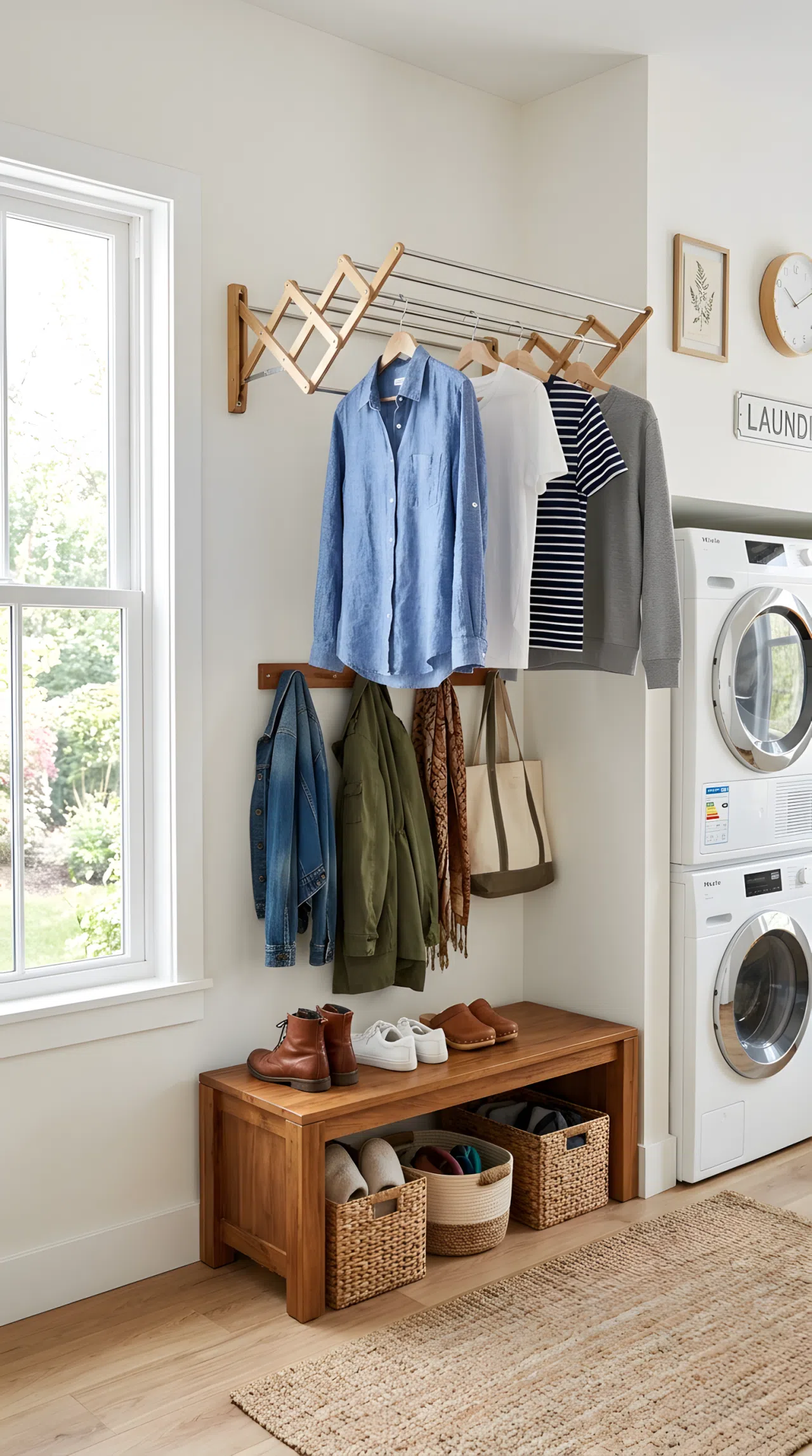 Real-life photo of one room showing a wall-mounted accordion drying rack extended above a boot bench, a few shirts hanging neatly to dry, shoes and coats organized below on the same wall, washer and dryer visible nearby, bright natural light from a window, beautifully arranged, clean and organized, vibrant colors, shot in stock photography style, no illustration.