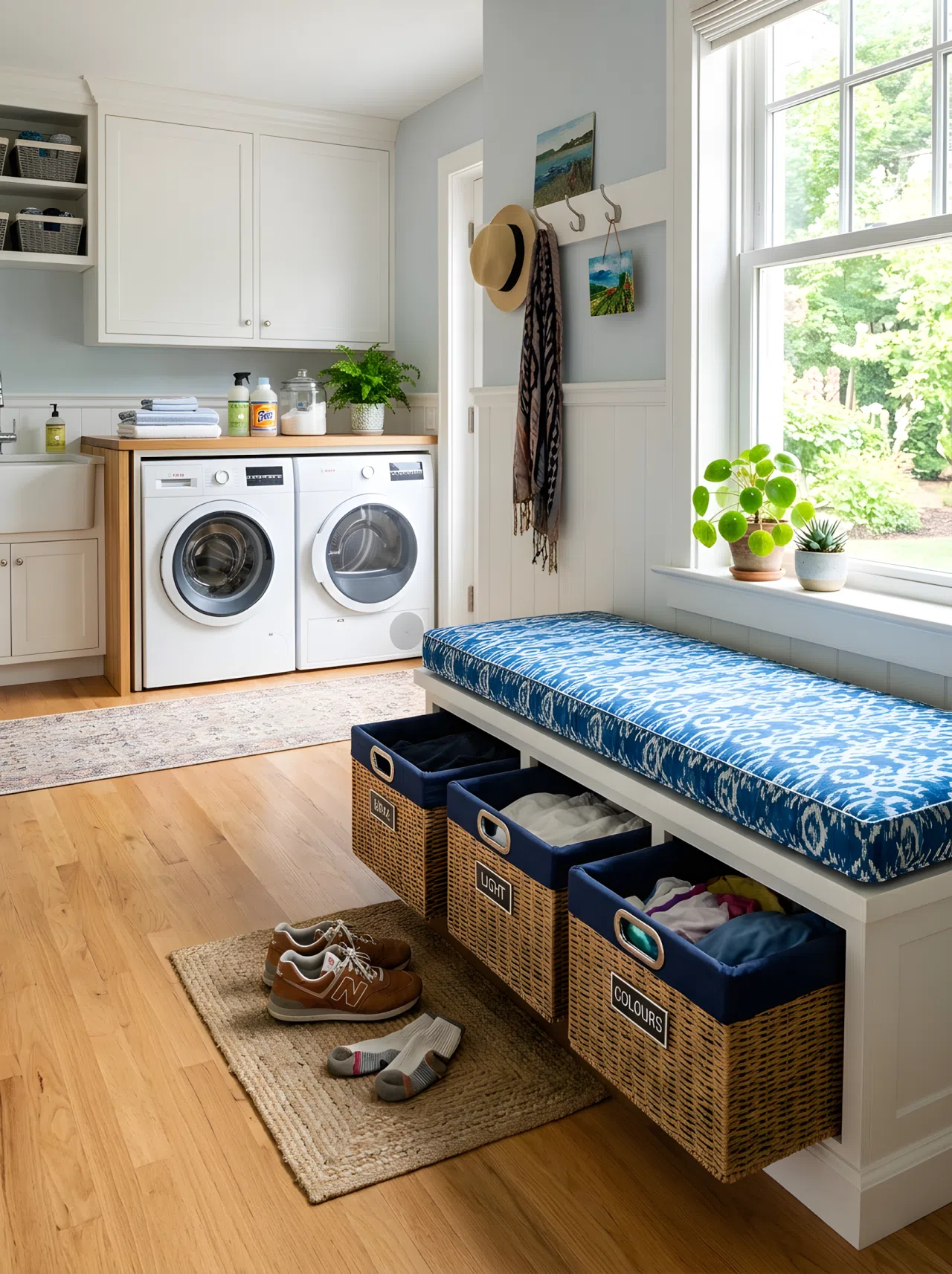 Real-life photo of one room showing a built-in bench seat with three pull-out laundry sorting drawers underneath, cushioned top with a pair of shoes removed nearby, washer and dryer visible a few steps away, bright natural light from a window, beautifully arranged, clean and organized, vibrant colors, shot in stock photography style, no illustration.