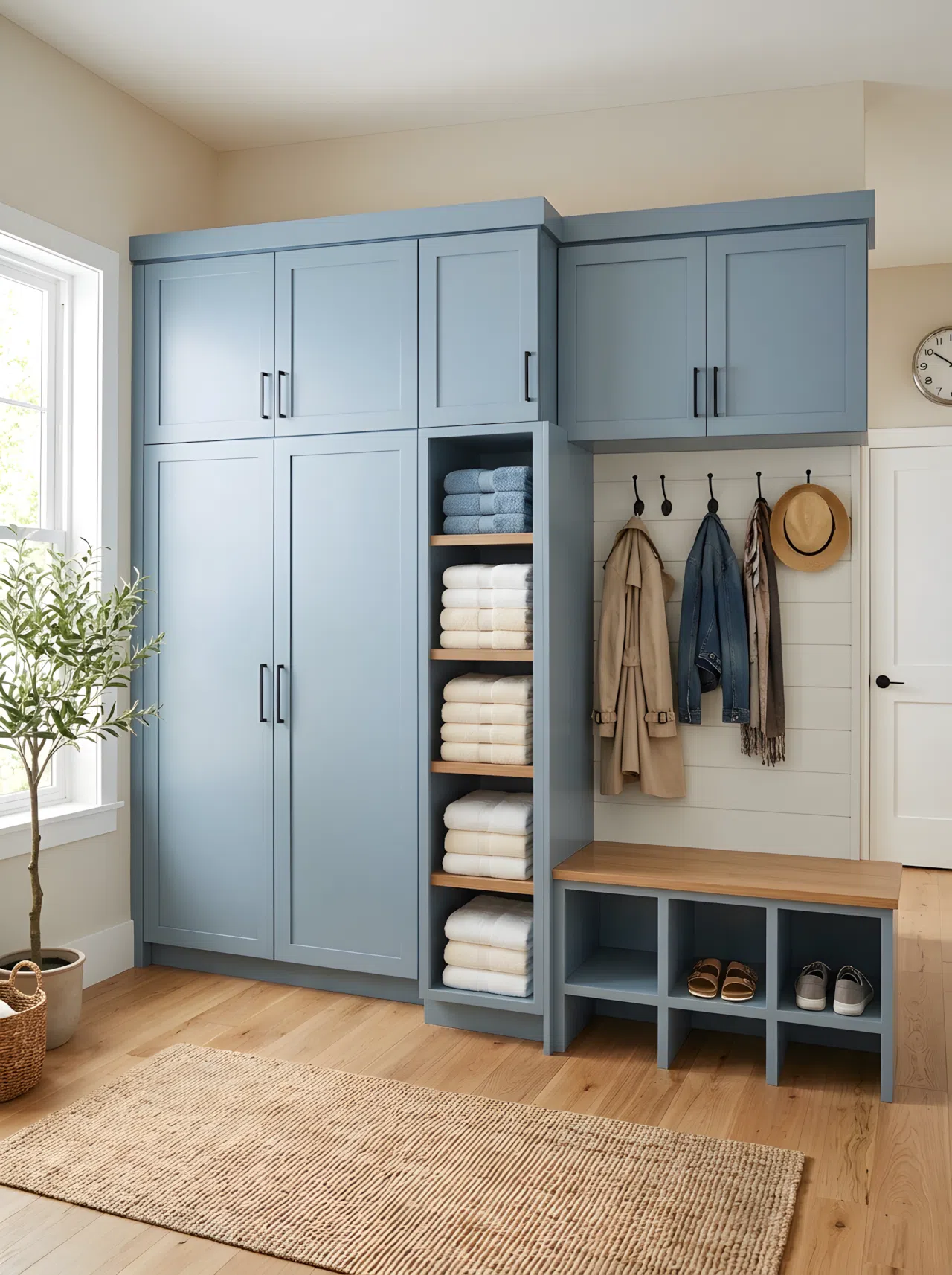 Real-life photo of one room showing matching dusty blue shaker cabinet fronts (RGB 156, 178, 194) concealing a washer and dryer on one side and coat and shoe storage on the other, neatly arranged open cubby in the center holding folded towels, bright natural light, beautifully arranged, clean and organized, vibrant colors, shot in stock photography style, no illustration.