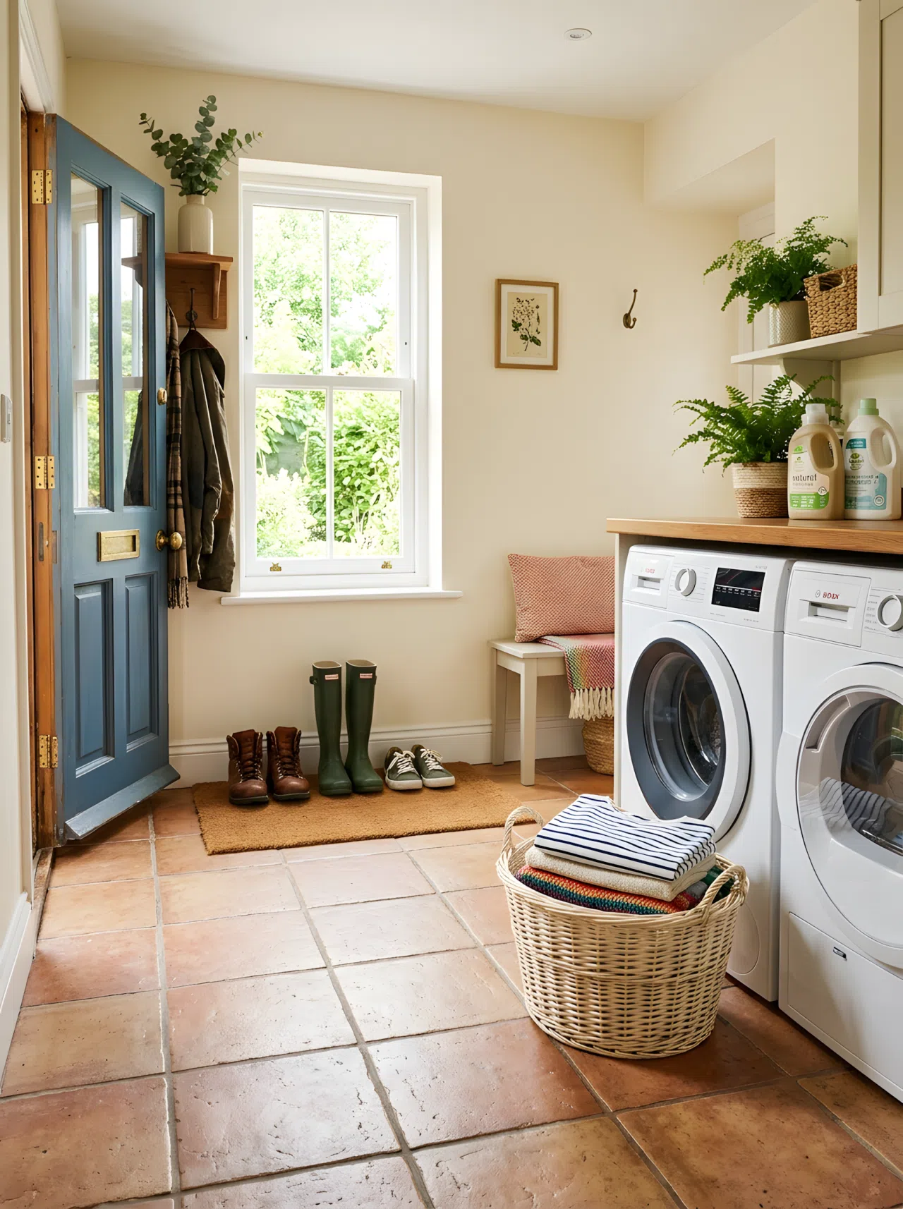 Real-life photo of one room with warm-toned tile flooring, boots drying neatly by an entry door on one side and a laundry basket on the floor near a washer on the other side, cozy warm atmosphere, bright natural light from a window, beautifully arranged, clean and organized, vibrant colors, shot in stock photography style, no illustration.
