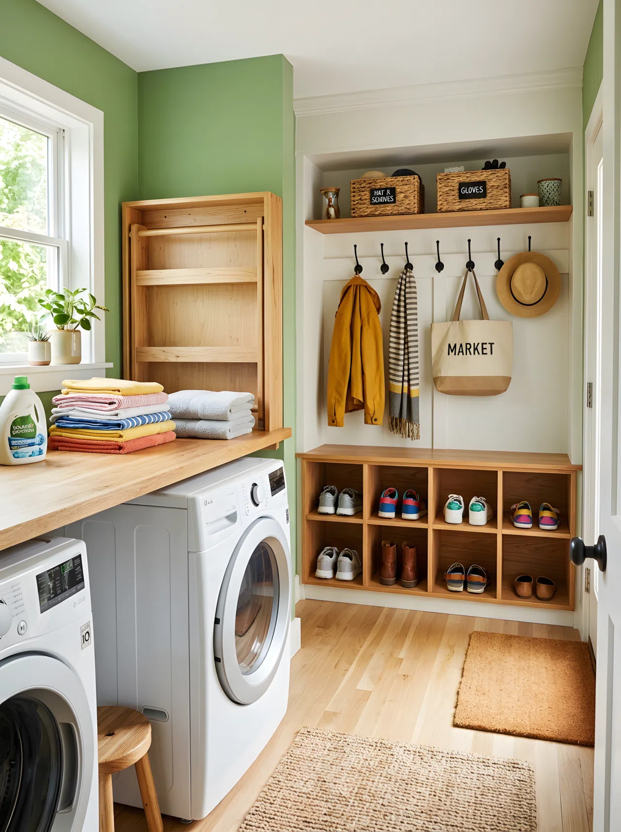 Real-life photo of one room showing a fold-down table extended above a dryer with neatly folded laundry on top, facing open shoe cubbies and coat hooks across the room, bright natural light streaming in, beautifully arranged, clean and organized, vibrant colors, shot in stock photography style, no illustration.