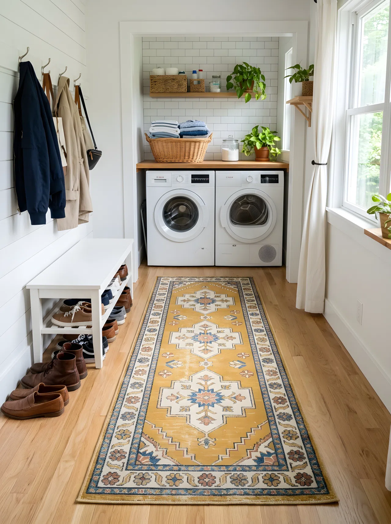 Real-life photo of one room showing a mustard and cream patterned washable runner rug stretching from a shoe and coat area to the base of a washer and dryer, neatly arranged shoes on one end and folded laundry basket on the other, bright natural light, beautifully arranged, clean and organized, vibrant colors, shot in stock photography style, no illustration.