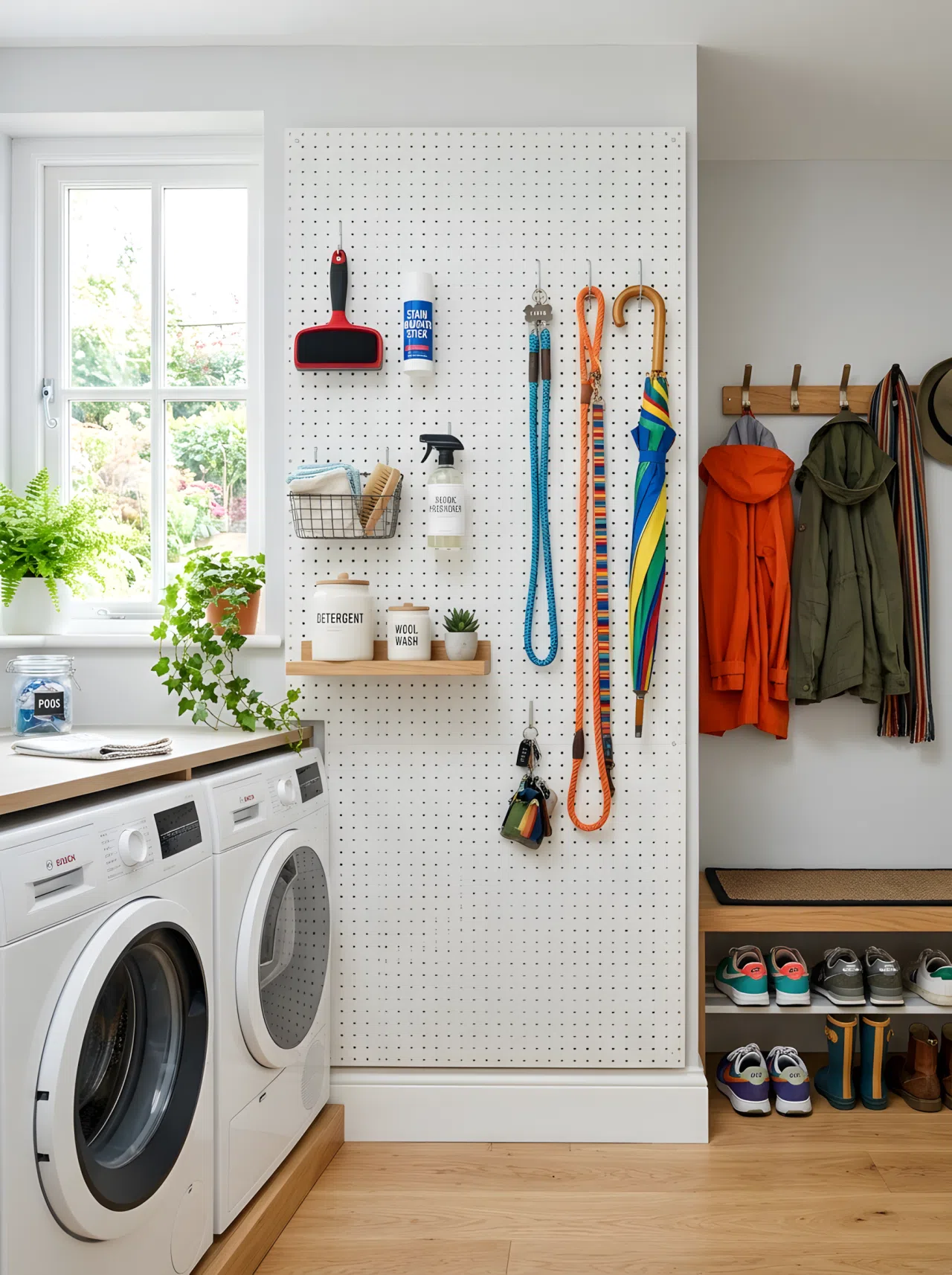Real-life photo of one room showing a white painted pegboard wall holding a lint brush and stain stick on one side and leashes and an umbrella on the other, washer and dryer visible below on one end, shoes and coats on the other end, bright natural light from a window, beautifully arranged, clean and organized, vibrant colors, shot in stock photography style, no illustration.