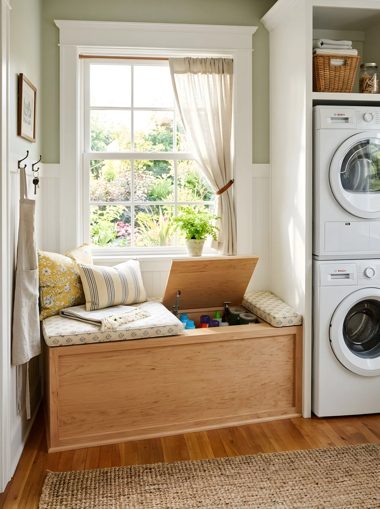 Real-life photo of one room showing a cushioned window seat with lifted lid revealing detergent bottles on one side and rain boots on the other, washer and dryer visible nearby, bright natural light pouring through the window above the seat, beautifully arranged, clean and organized, vibrant colors, shot in stock photography style, no illustration.