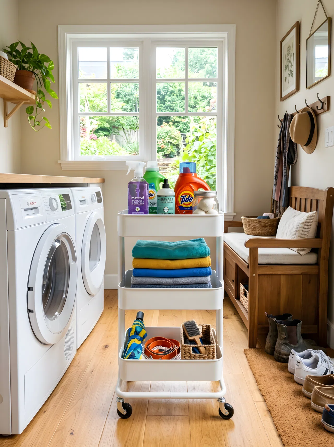 Real-life photo of one room showing a slim three-tier rolling cart holding detergent bottles, folded dog towels, and a spare umbrella, positioned between a washer and dryer and an entry bench with shoes, bright natural light from a window, beautifully arranged, clean and organized, vibrant colors, shot in stock photography style, no illustration.