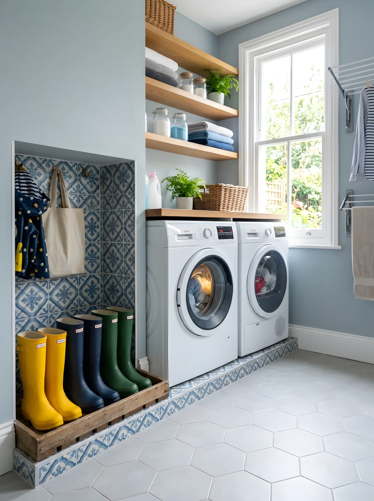 Real-life photo of one room showing a recessed tiled floor nook beside a dryer, a few rain boots resting on a slatted tray inside, washer and dryer running nearby, bright natural light from a window, beautifully arranged, clean and organized, vibrant colors, shot in stock photography style, no illustration.