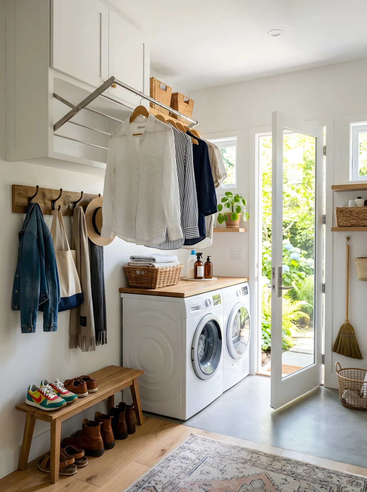 Real-life photo of one room showing a fold-out drying rod extended from a cabinet above coat hooks, a few damp shirts hanging neatly, shoes and a washer and dryer visible nearby, bright natural light streaming through an open door, beautifully arranged, clean and organized, vibrant colors, shot in stock photography style, no illustration.
