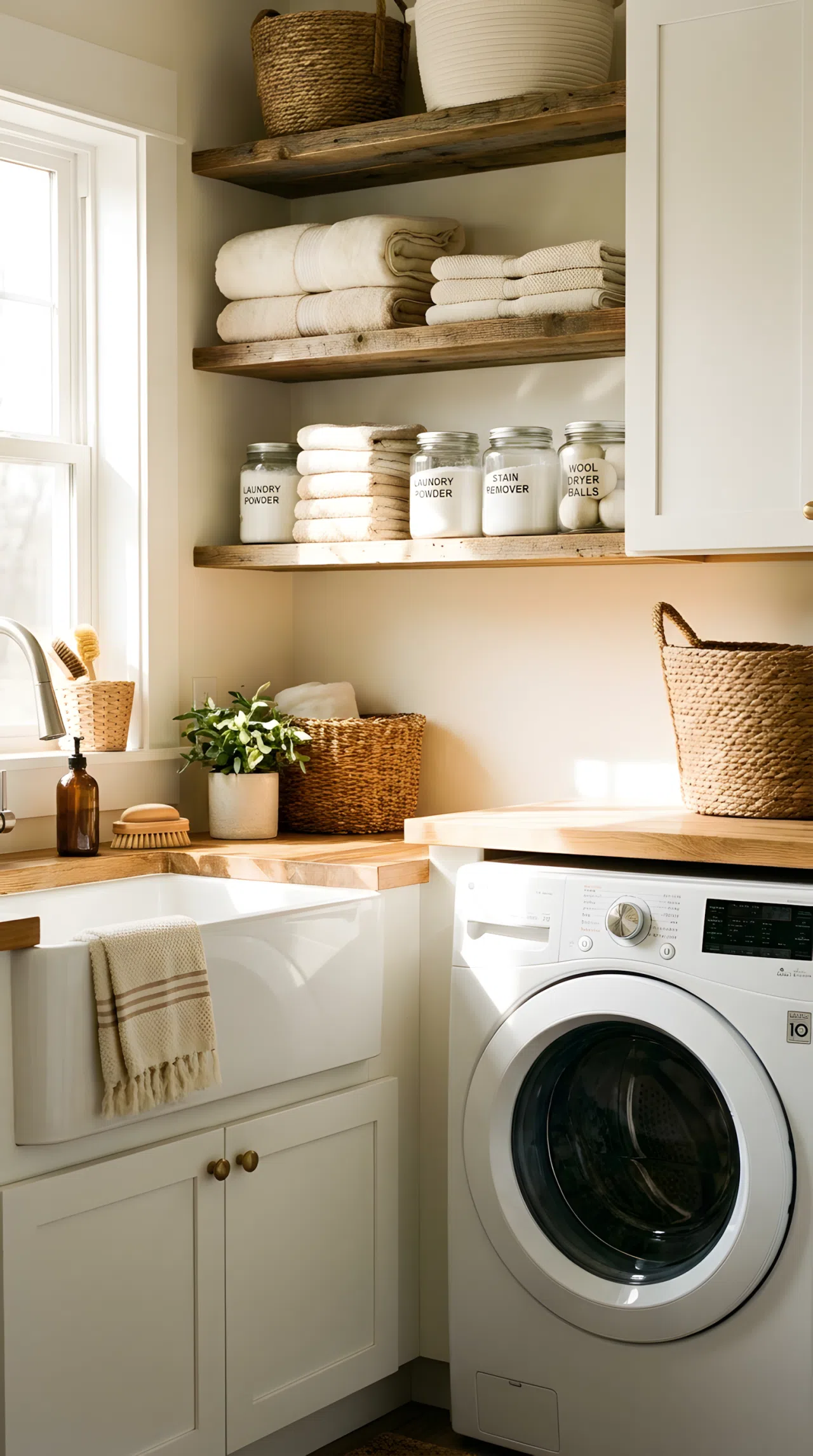 A real-life laundry room corner with a white farmhouse apron-front sink, neatly made open wood shelves above stacked with folded towels and labeled glass jars, a washing machine visible beside the sink, bright natural light streaming in, beautifully arranged, organized, clean, vibrant warm tones, shot on film, cozy realistic photography.