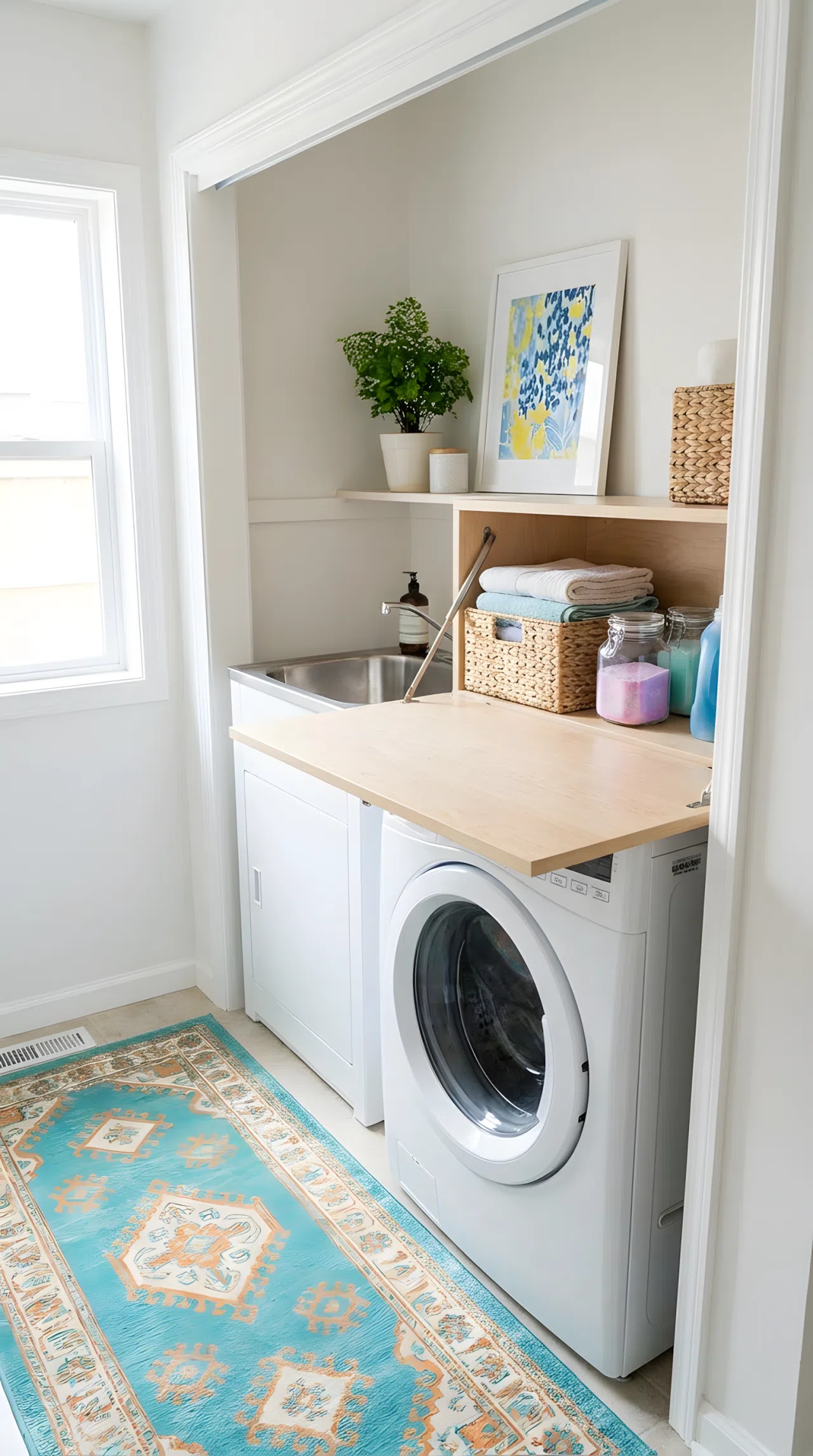 A real-life compact laundry nook with a built-in sink and a fold-down wooden counter extension folded open, neatly made, beautifully arranged laundry supplies, a washing machine right beside the sink, bright natural light, clean organized surfaces, vibrant color accents, realistic stock photography style.