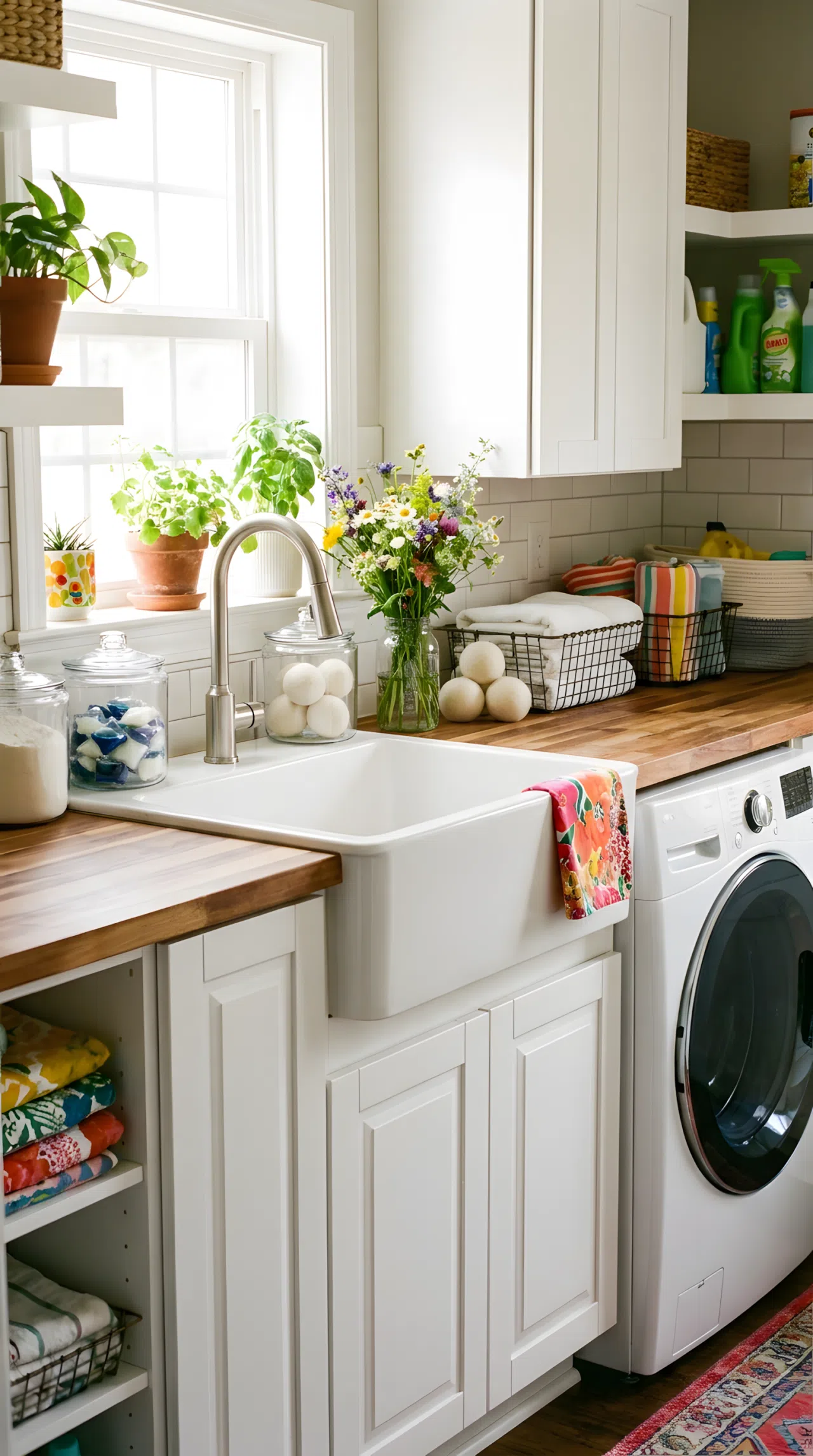 A real-life laundry room with a deep white utility sink, cabinet doors below neatly closed, a washing machine positioned beside the sink, bright natural light from a nearby window, organized clean countertop, beautifully arranged supplies, vibrant fresh colors, realistic photography, no illustration.