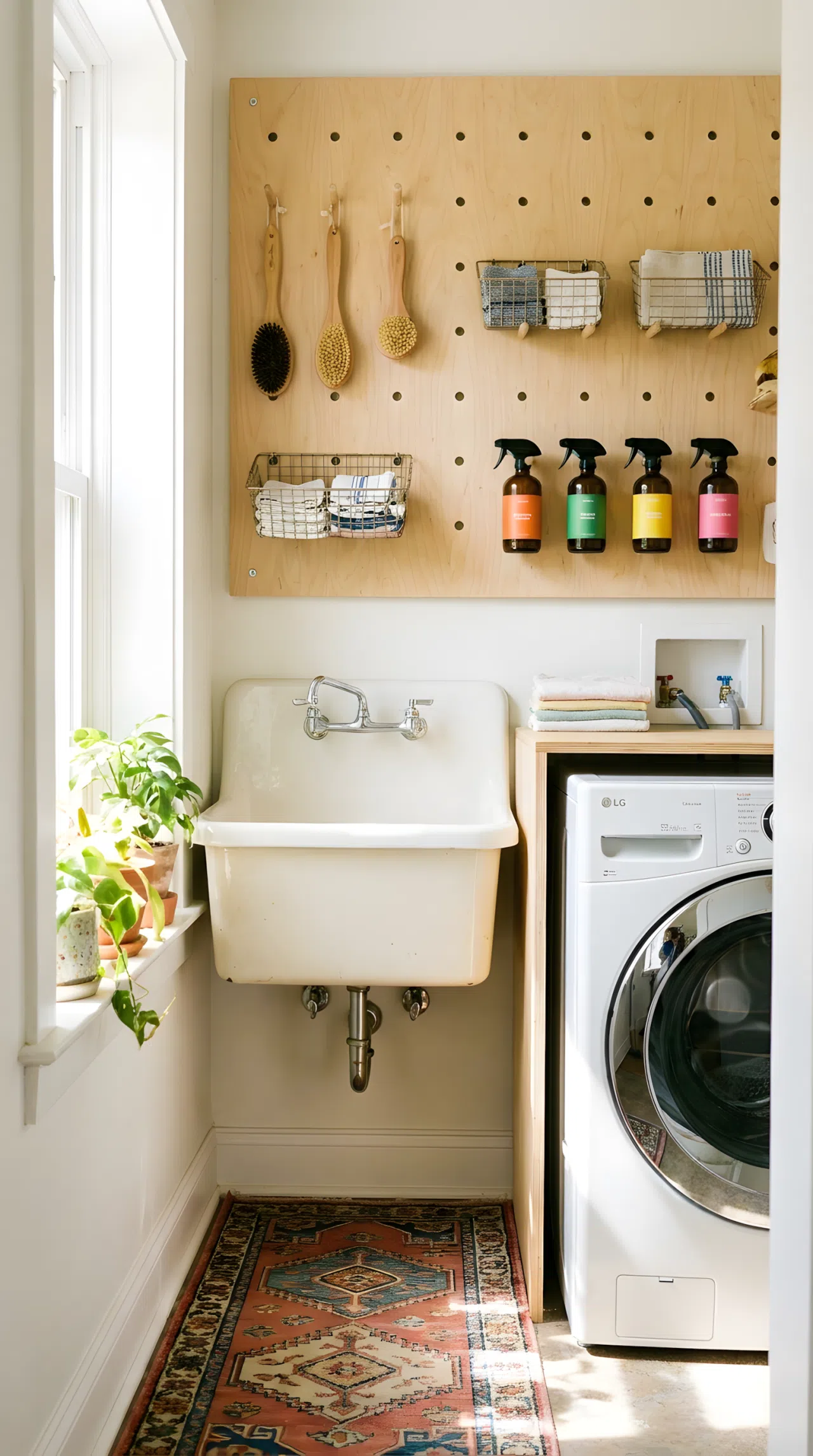 A real-life corner laundry sink nook with a pegboard wall above holding neatly hung brushes, small baskets, and spray bottles, washing machine placed alongside, bright natural light, beautifully arranged, organized, clean, vibrant color pops, realistic candid stock photography.