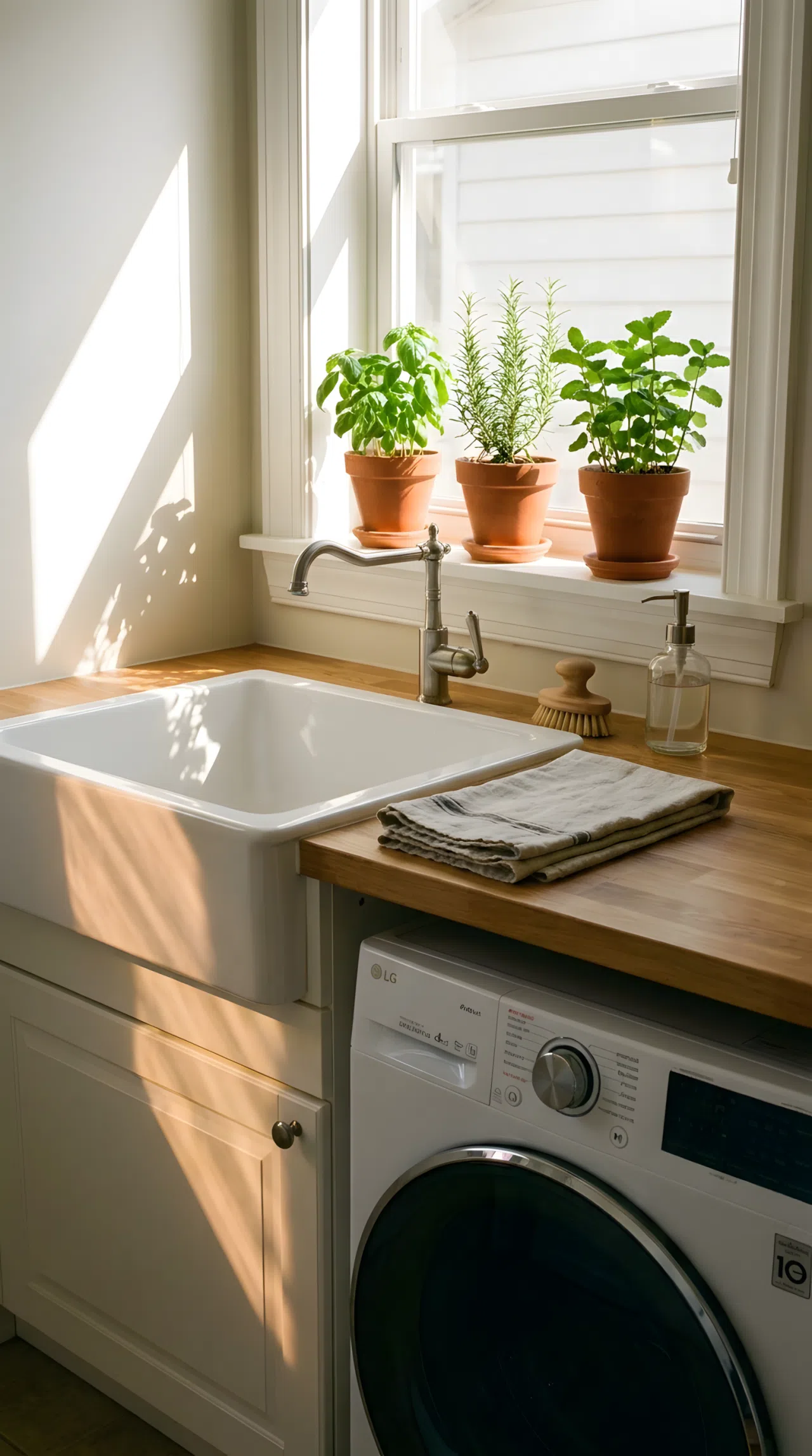 A real-life laundry sink positioned directly beneath a window, side-angled morning sunlight streaming across the basin and countertop from the left, small potted herbs on the windowsill, washing machine visible below the window, neatly made, beautifully arranged, organized, clean, bright natural light, vibrant fresh greenery, realistic photography.
