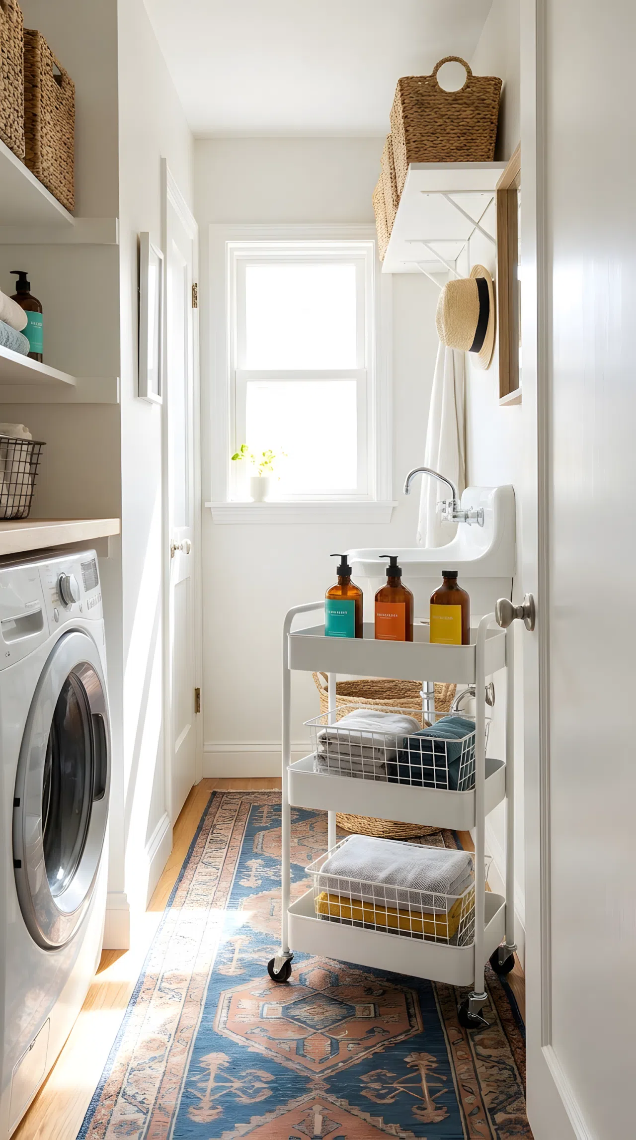 A real-life narrow laundry room with a compact sink and a white two-tier rolling metal cart beside it holding neatly arranged detergent bottles, washing machine positioned nearby, bright natural light, organized clean space, beautifully arranged, vibrant accent colors, realistic stock photography, no render.