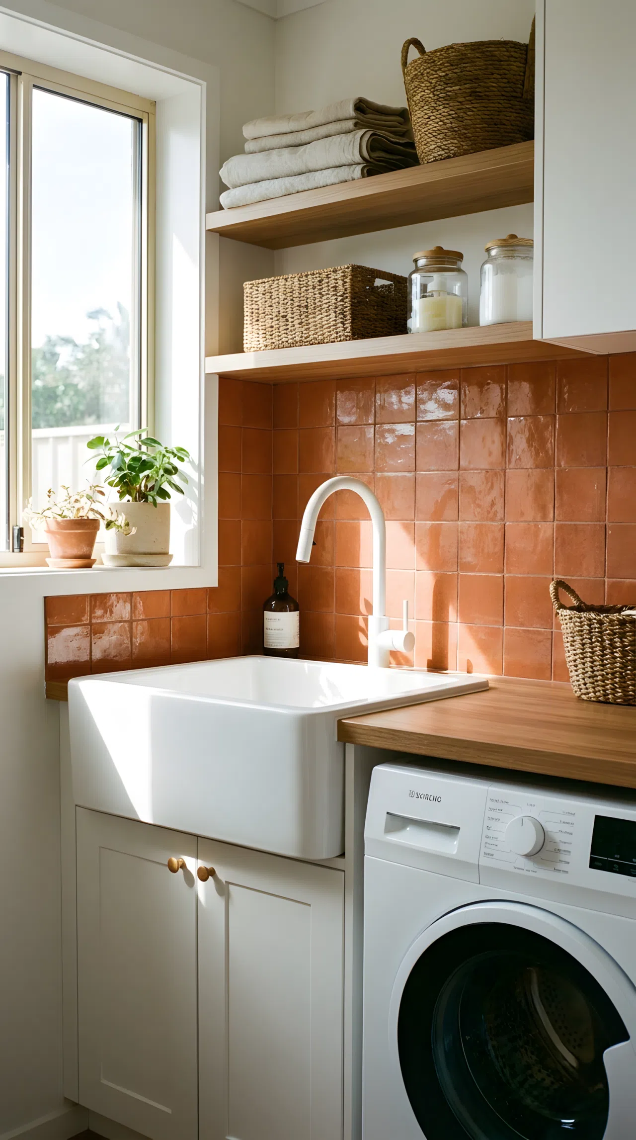 A real-life laundry sink with a bold terracotta tile backsplash in color #C7623B, simple white faucet and basin, washing machine positioned beside the sink, bright natural light highlighting the tile texture, neatly made, organized, clean, beautifully arranged, vibrant realistic photography.