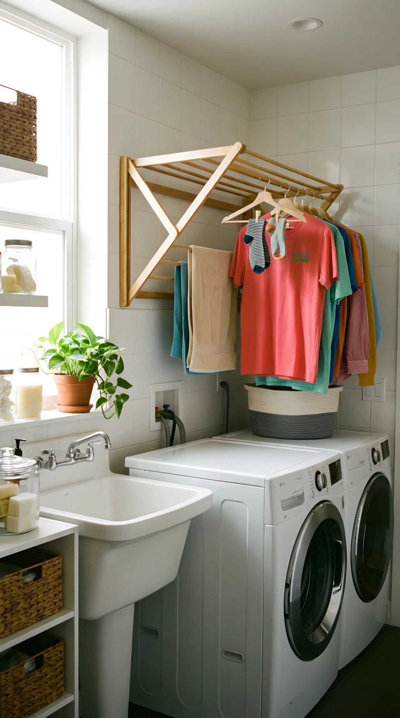 A real-life laundry sink with a wall-mounted foldable drying rack above it holding a few neatly hung garments, washing machine placed beside the sink, bright natural light from a side window, clean organized setup, beautifully arranged, vibrant fabric colors, realistic photography, no illustration.