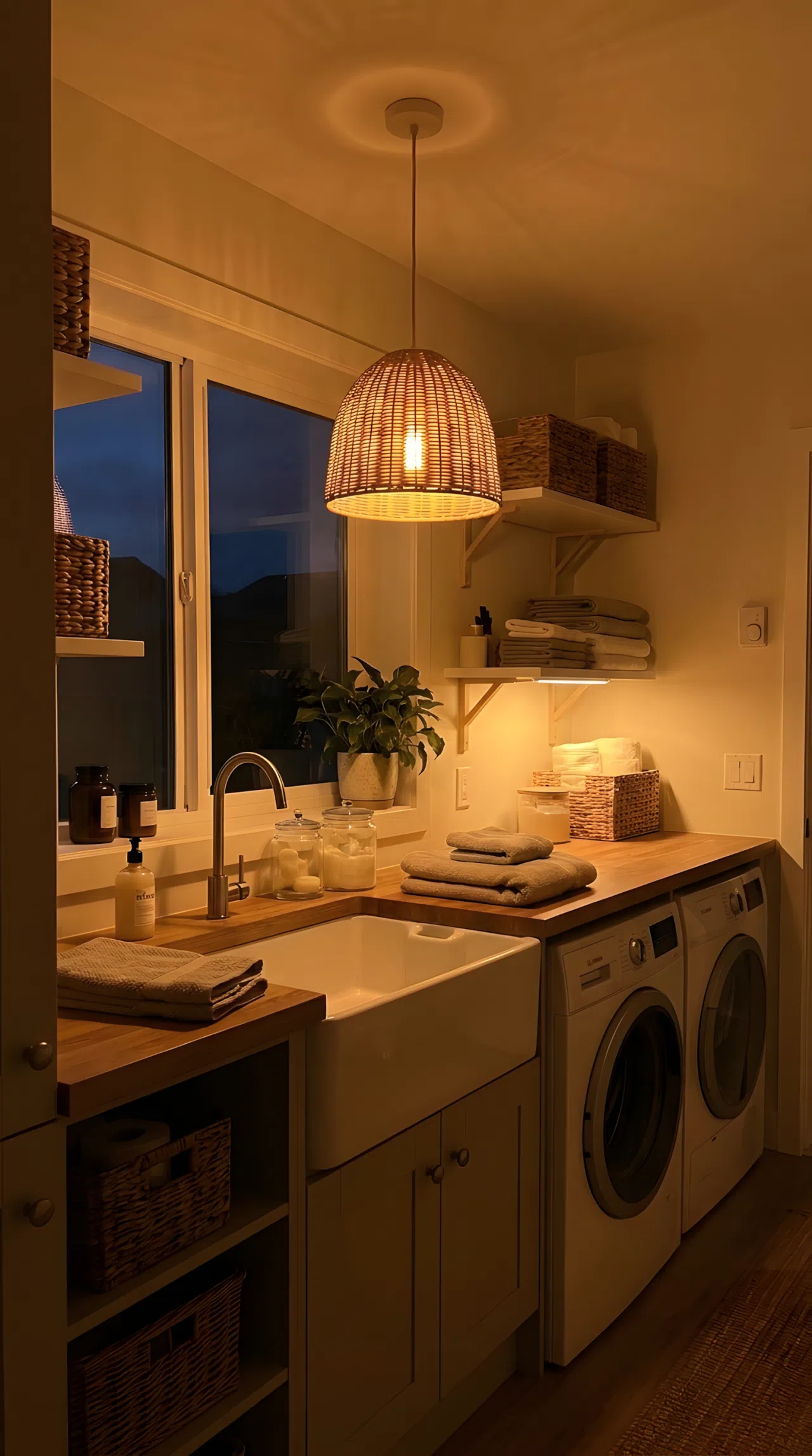 A real-life laundry sink with a single pendant light hung directly centered above the basin casting warm downward light onto the countertop with minimal shadow, washing machine visible within the same warm glow, neatly made, organized, clean, beautifully arranged, vibrant warm tones, realistic evening photography.