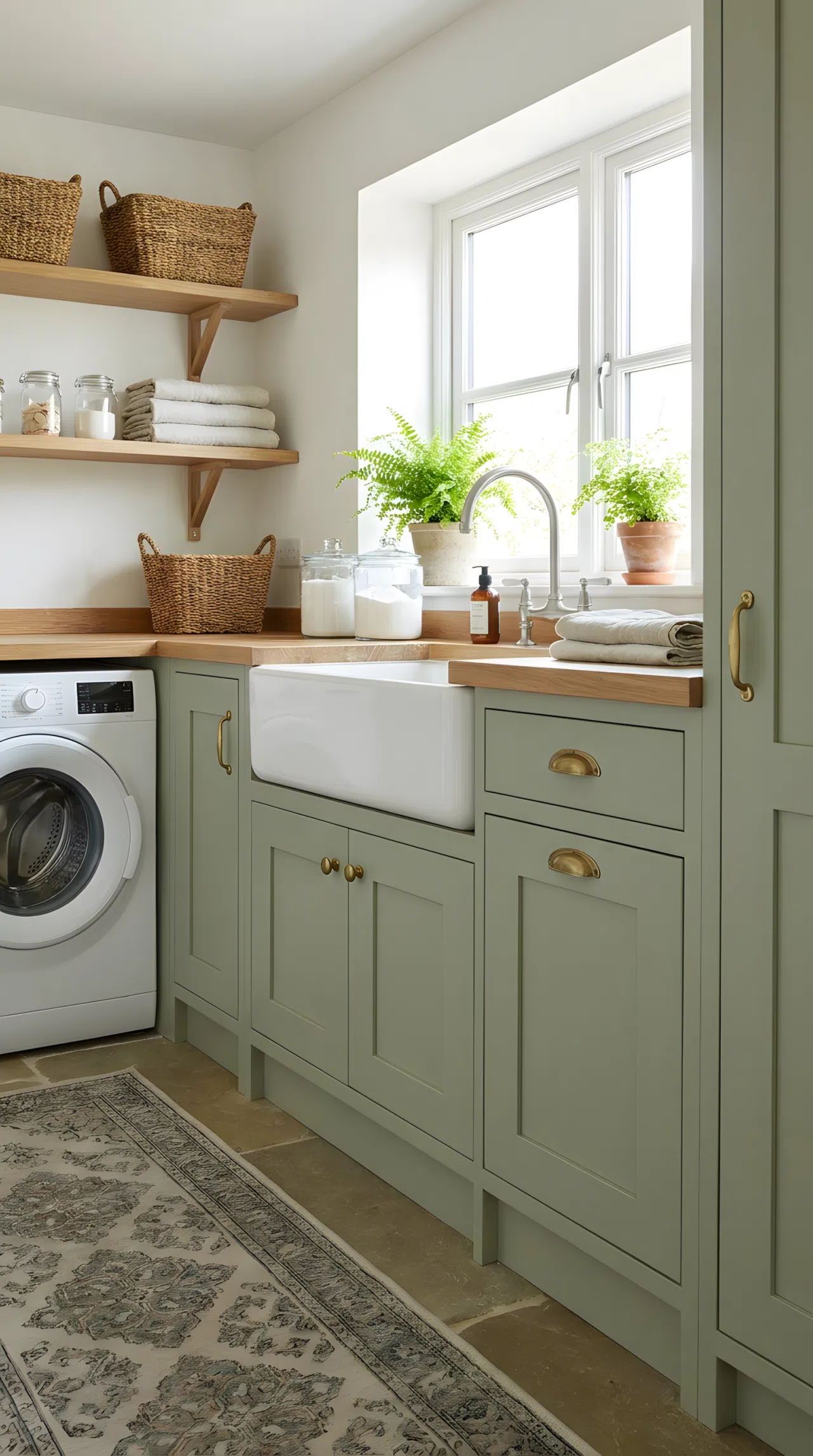 A real-life laundry sink surrounded by soft sage green cabinetry in color #A8B99B with brass hardware accents, washing machine beside the sink, bright natural light, neatly made, organized, clean, beautifully arranged, vibrant fresh tones, realistic photography, no 3D render.