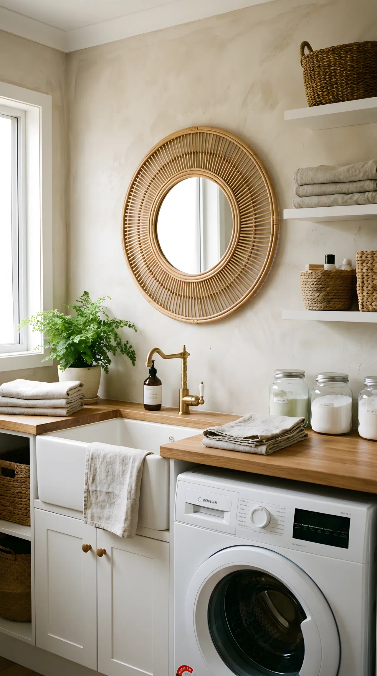 A real-life laundry sink with a round woven rattan mirror hung on the wall above it, washing machine positioned beside the sink, bright natural light reflecting softly off the mirror, neatly made, organized, clean, beautifully arranged, vibrant natural tones, realistic photography, no illustration.